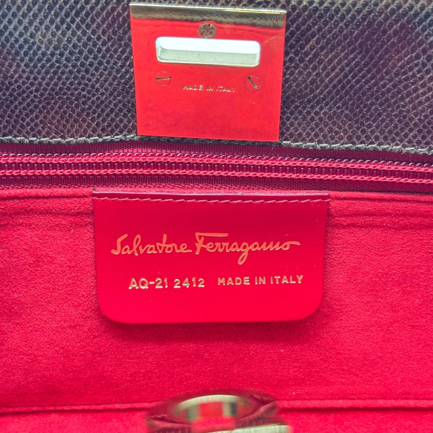 Ferragamo Brown Gold Lizard Skin 2-Way Clutch Bag