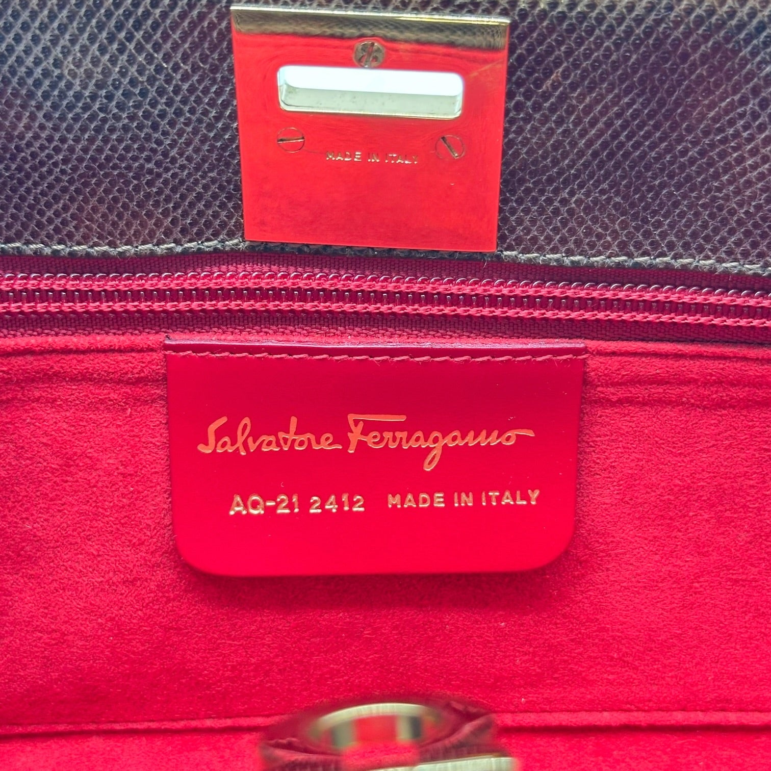 Ferragamo Brown Gold Lizard Skin 2-Way Clutch Bag