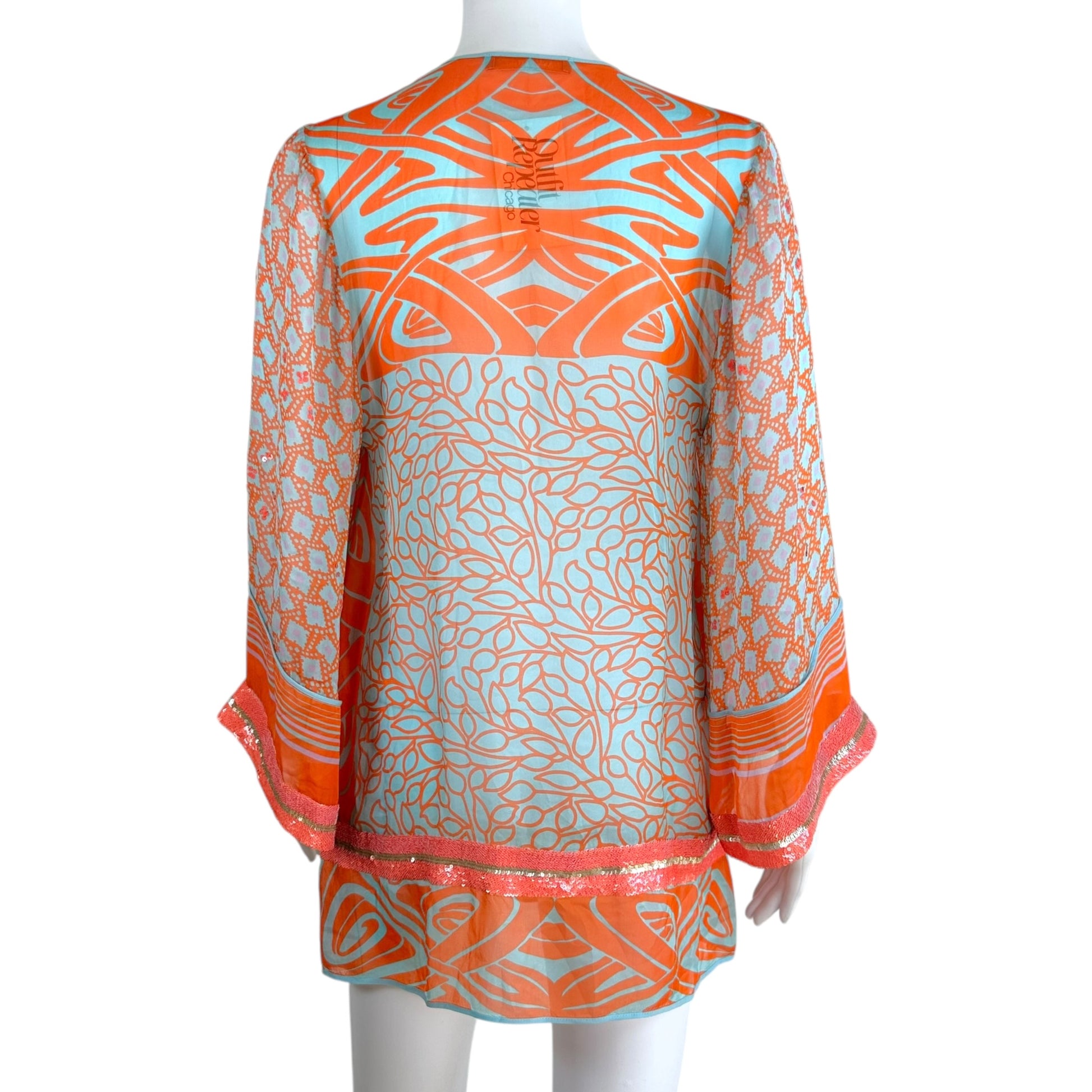 Blumarine Mini Dress Orange Turquoise Sequin Silk Sheer
