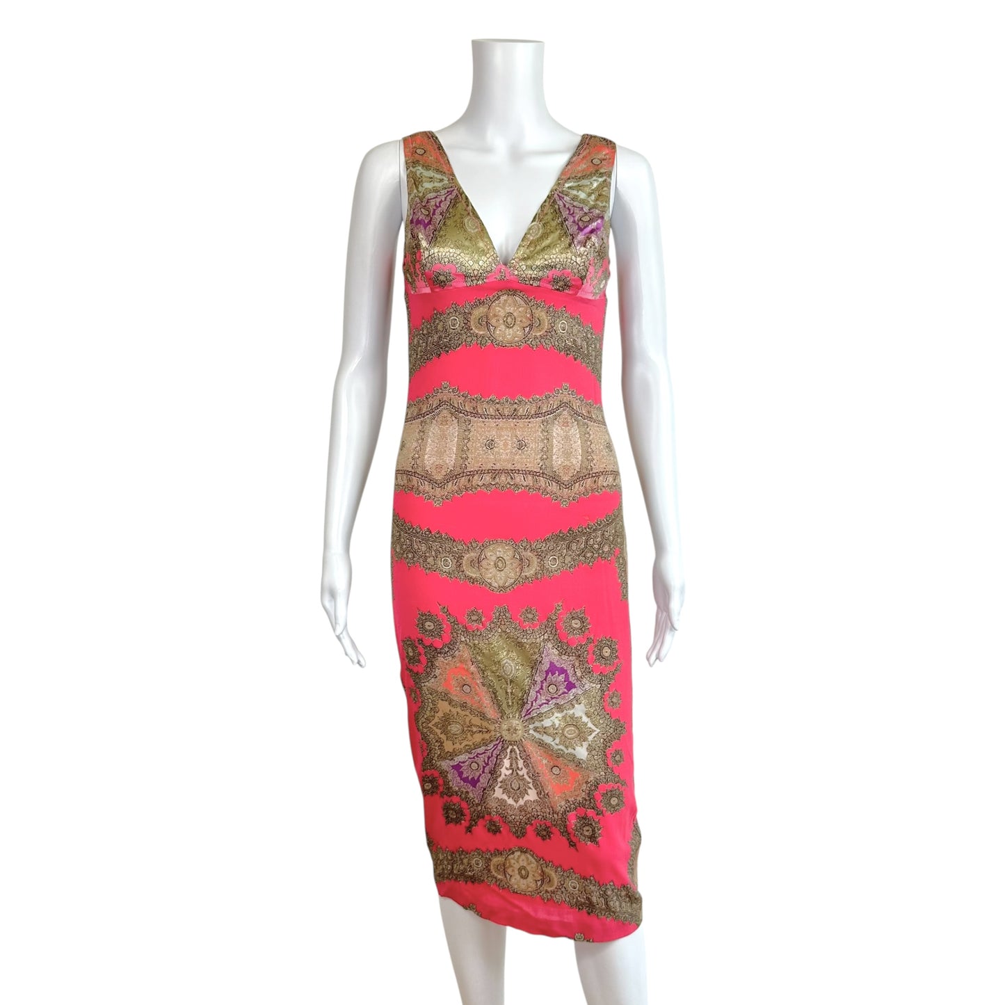 Roberto Cavalli 2004 Pink & Gold Printed Silk Midi Dress