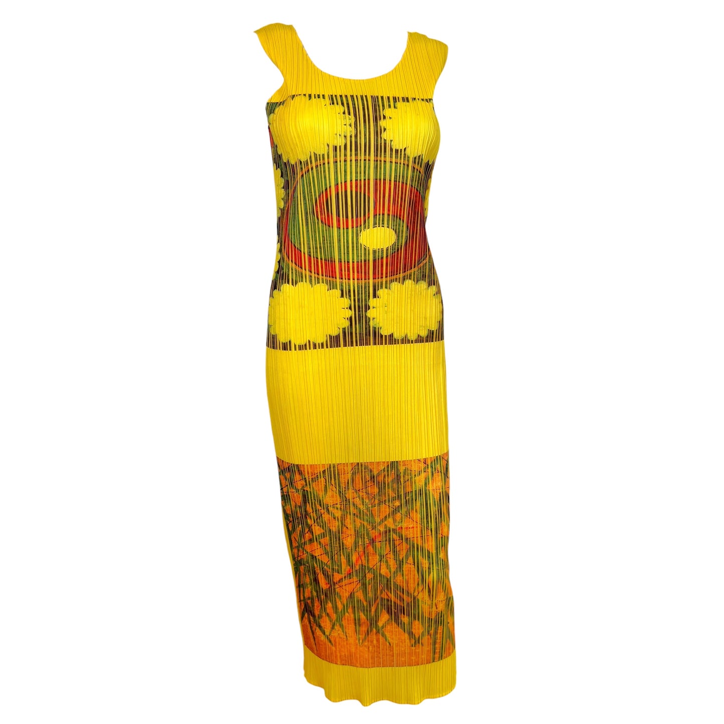 Issey Miyake Pleats Please Yellow Multi Yin-Yang & Bamboo Leaf Printed Dress Sz 3