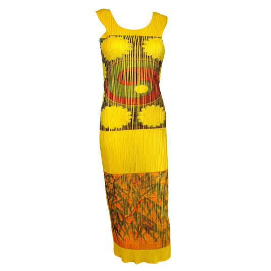 Issey Miyake Pleats Please Yellow Multi Printed Dress
