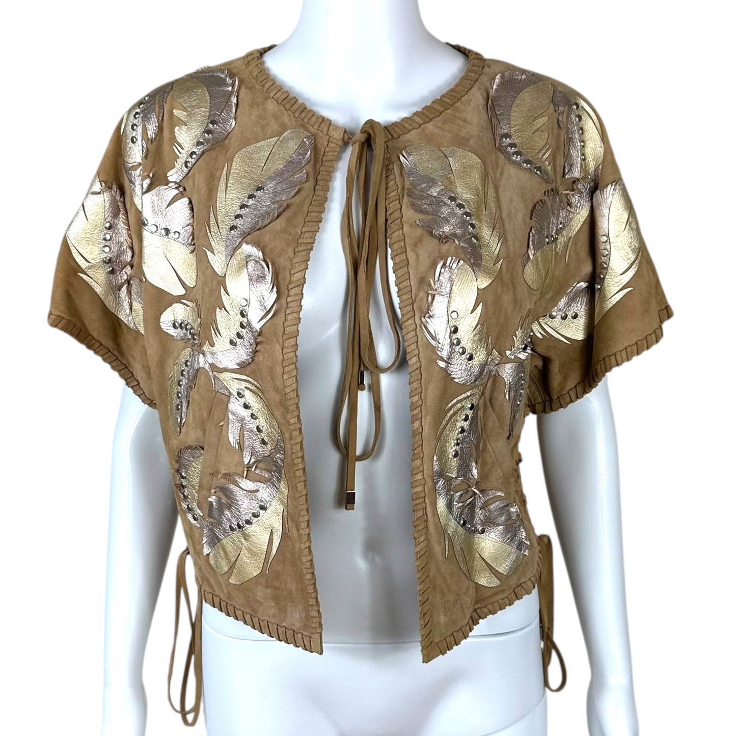 Roberto Cavalli Leather Feather Applique Suede Cropped Vest Top NEW