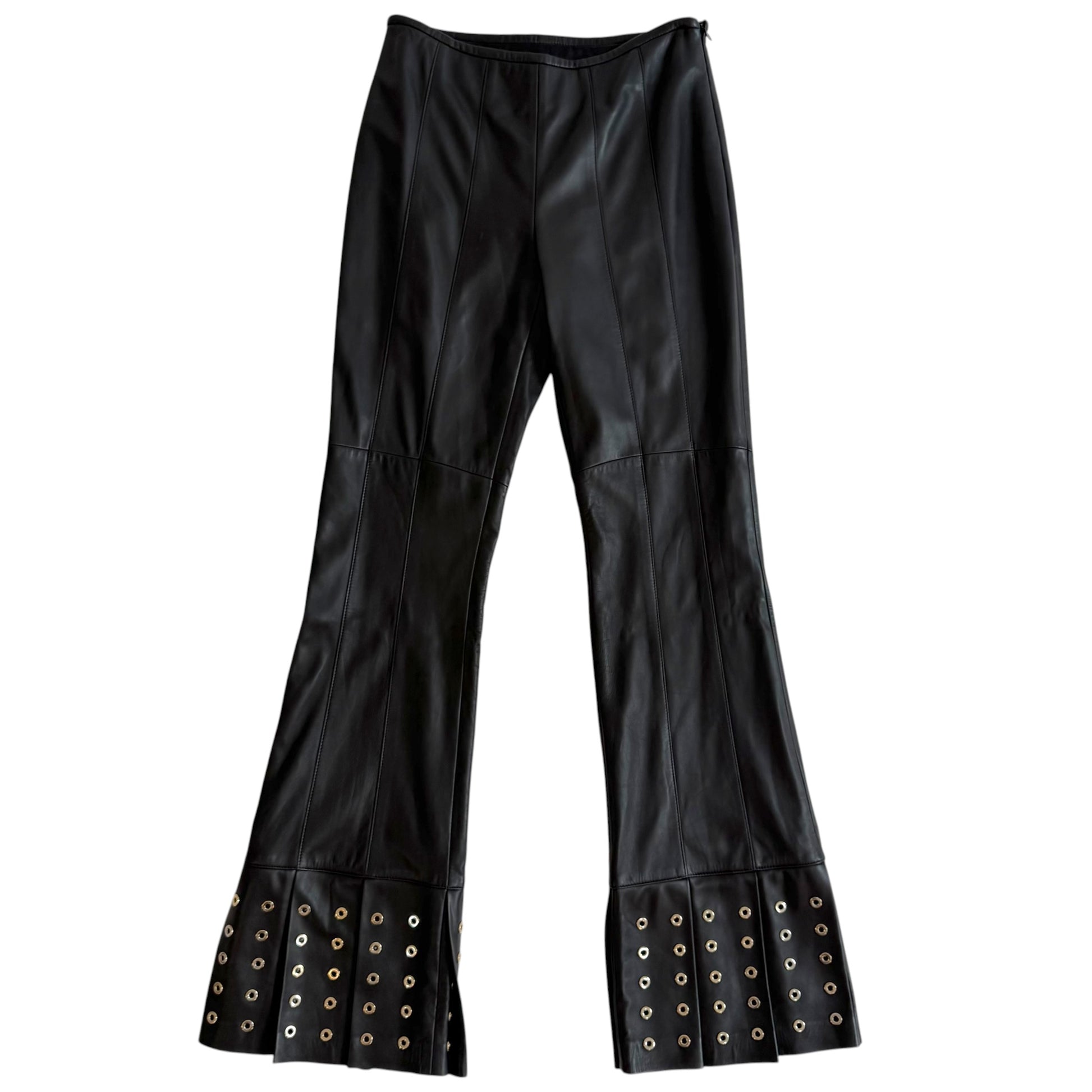 Escada Black Lambskin Leather Studded Fringe Trim Pants