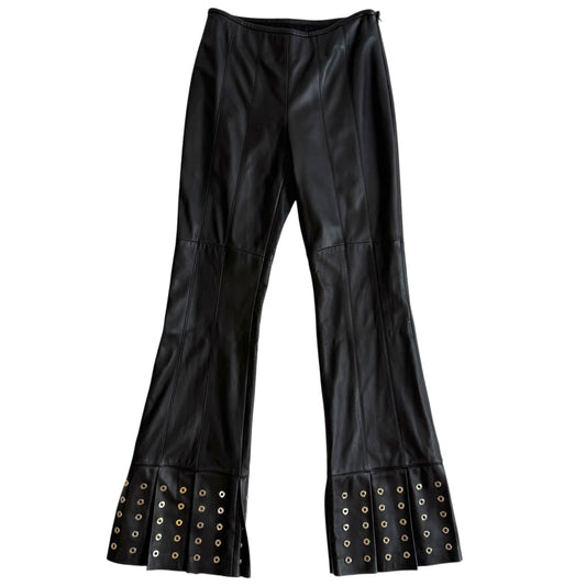 Escada Black Lambskin Leather Studded Fringe Trim Pants