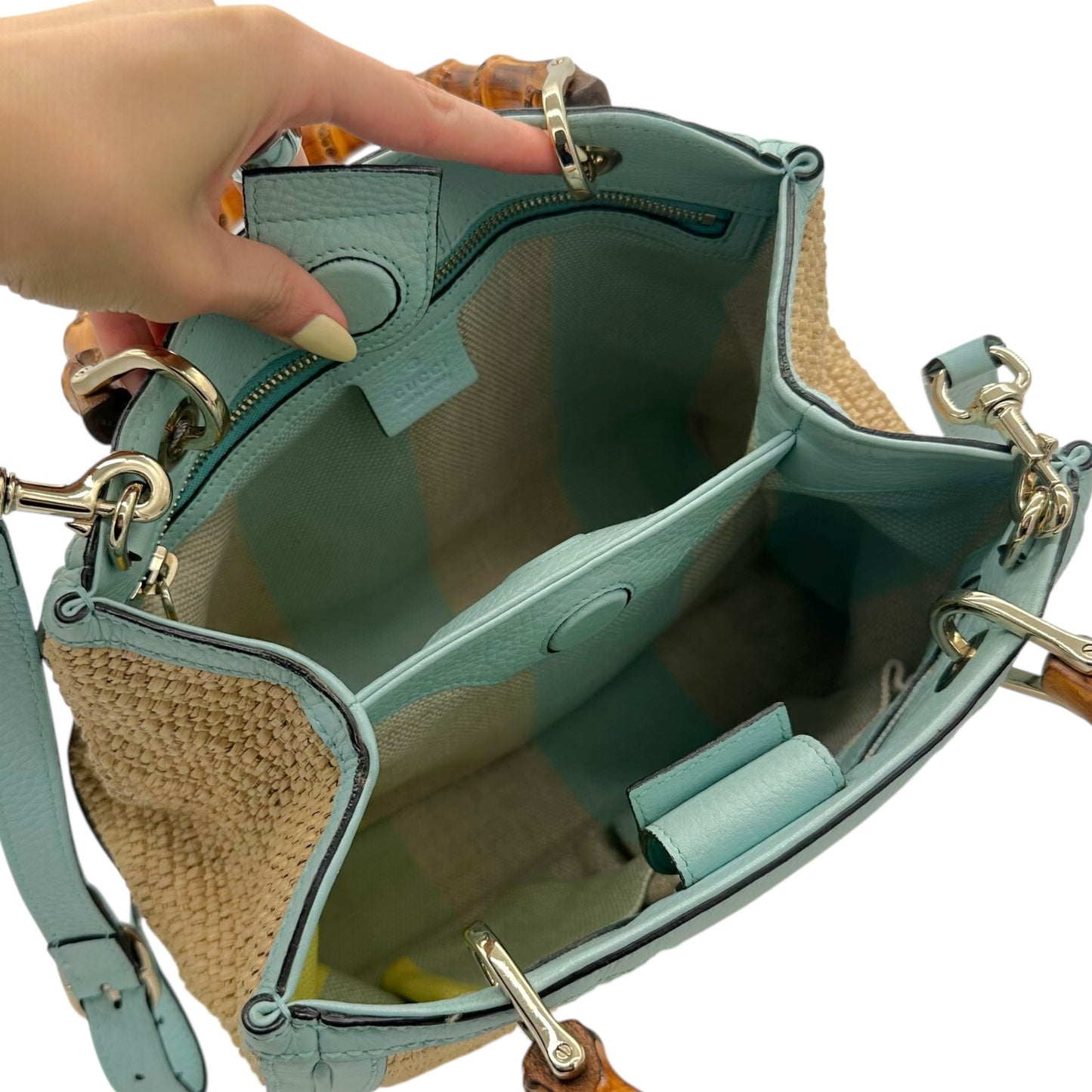 Gucci Raffia & Bamboo Blue Leather Trim 2-Way Bag - Outfit Repeater