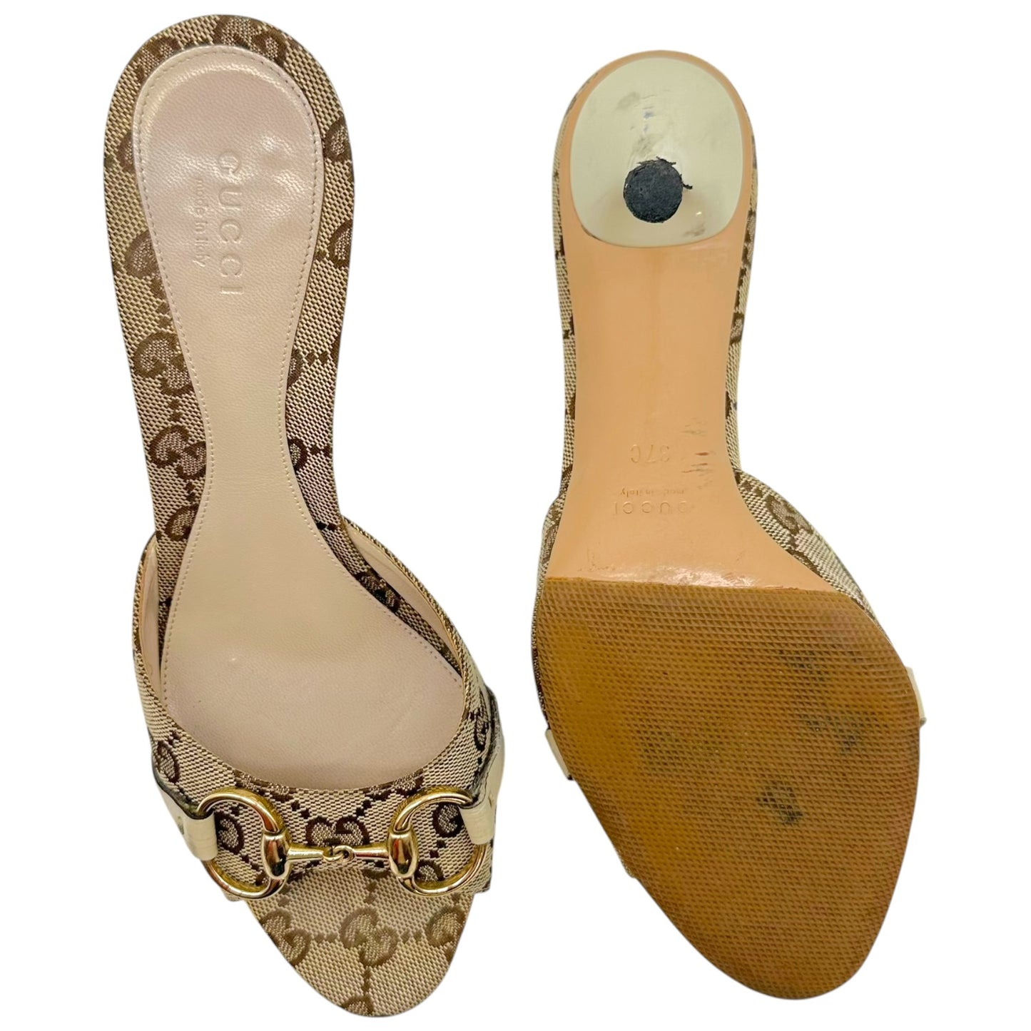 Gucci Tan Monogram Horsebit Heeled Mule Sandals