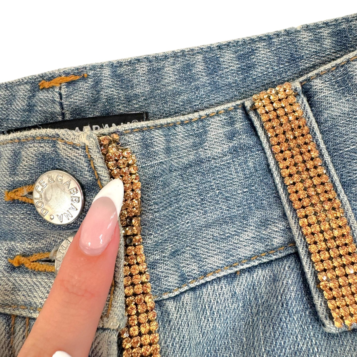 Dolce & Gabbana 'Hollywood Cowboy' Gold Rhinestone Embellished Distressed Jeans