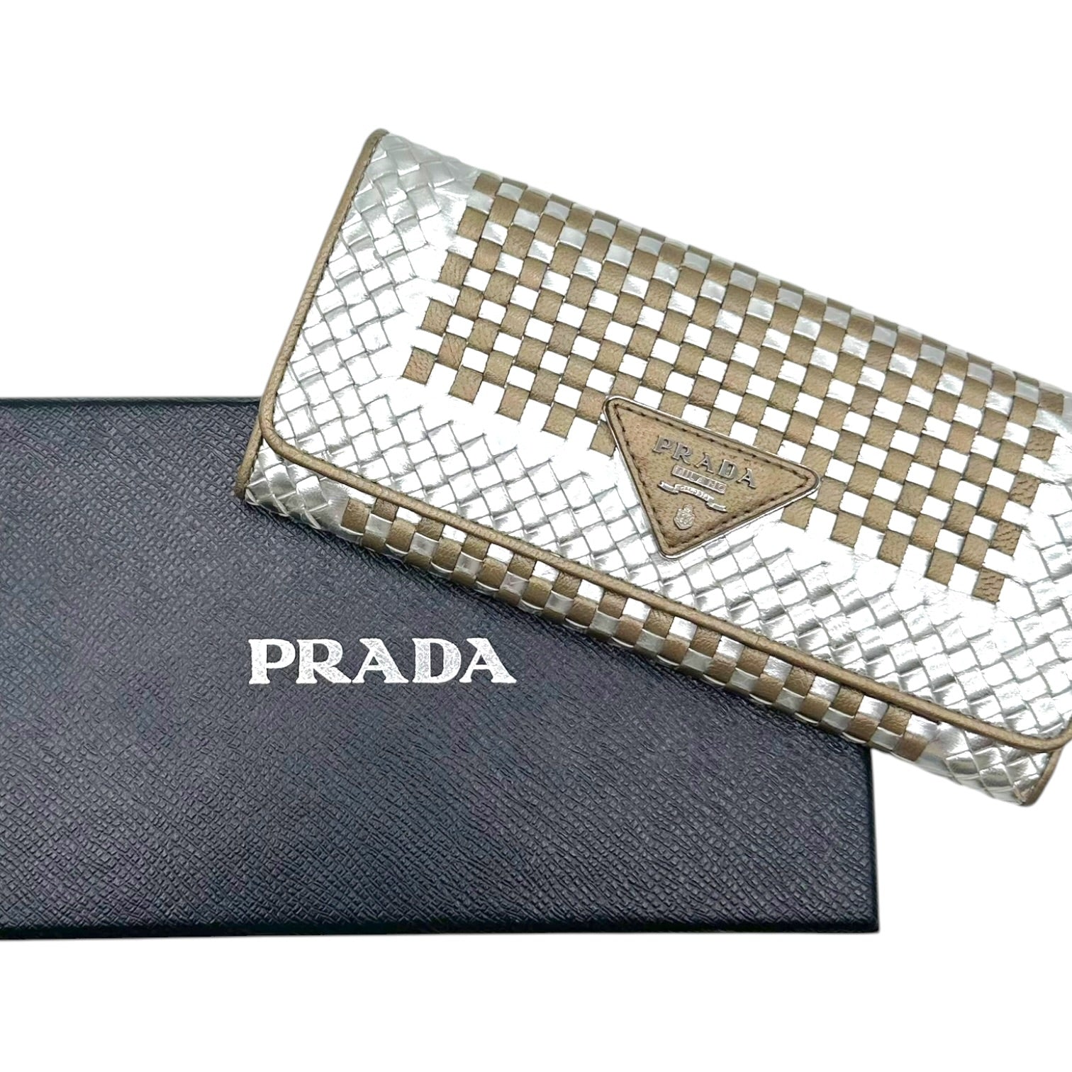 Prada Woven Long Wallet Metallic Silver Gold