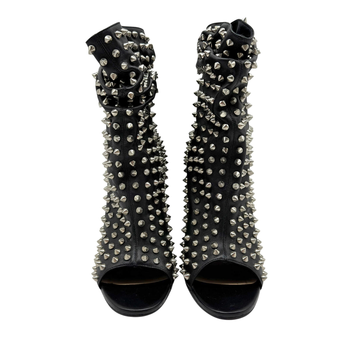 Christian Louboutin Black Silver Spike Peep-Toe Booties