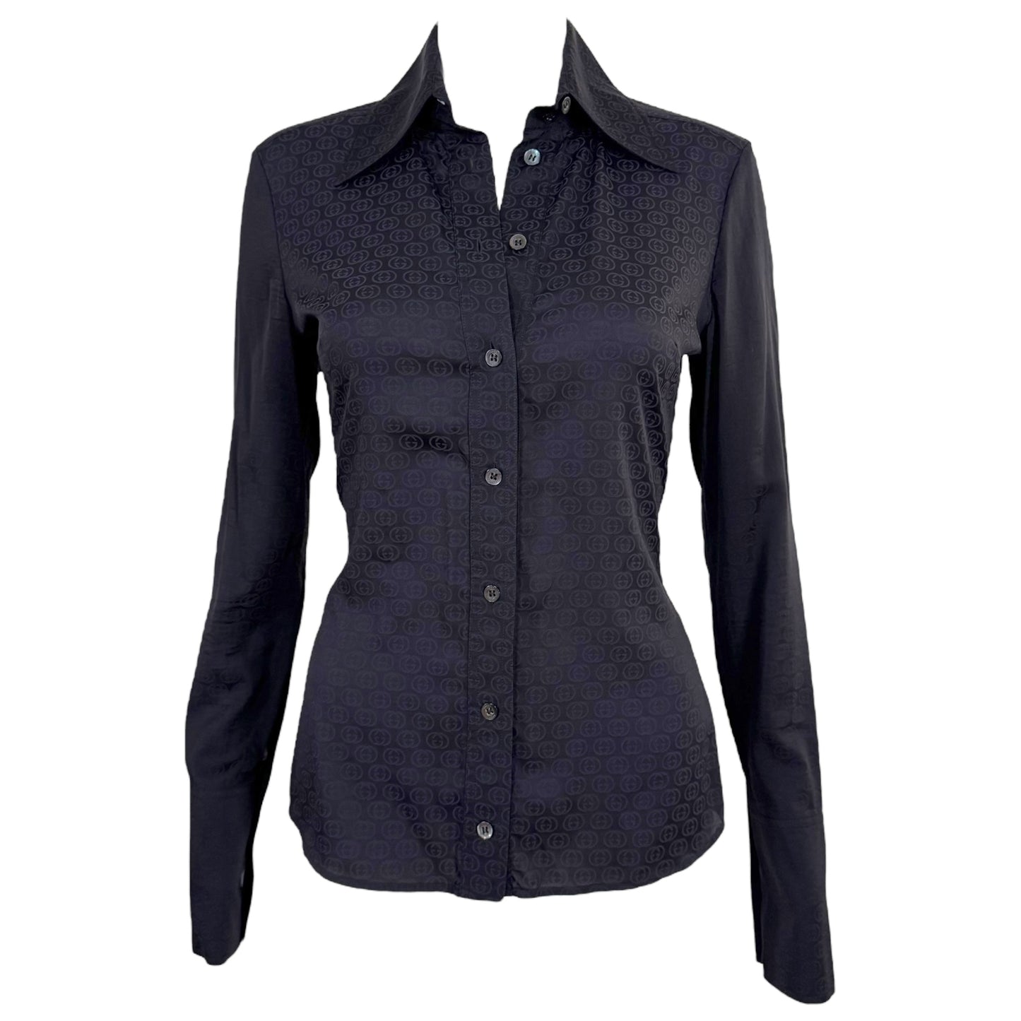 Gucci by Tom Ford F/W 2003 Black Logo Monogram Button Up Blouse - Outfit Repeater