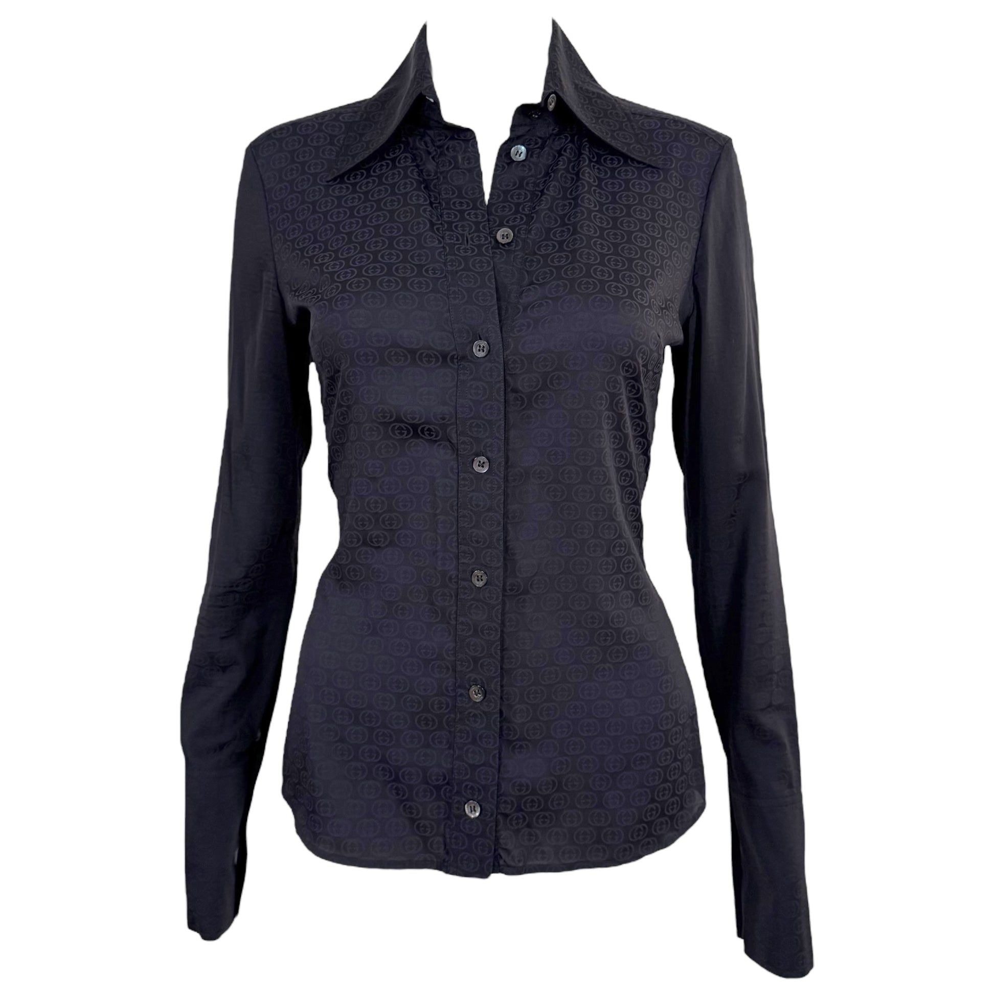 Gucci by Tom Ford F/W 2003 Black Logo Monogram Button Up Blouse - Outfit Repeater