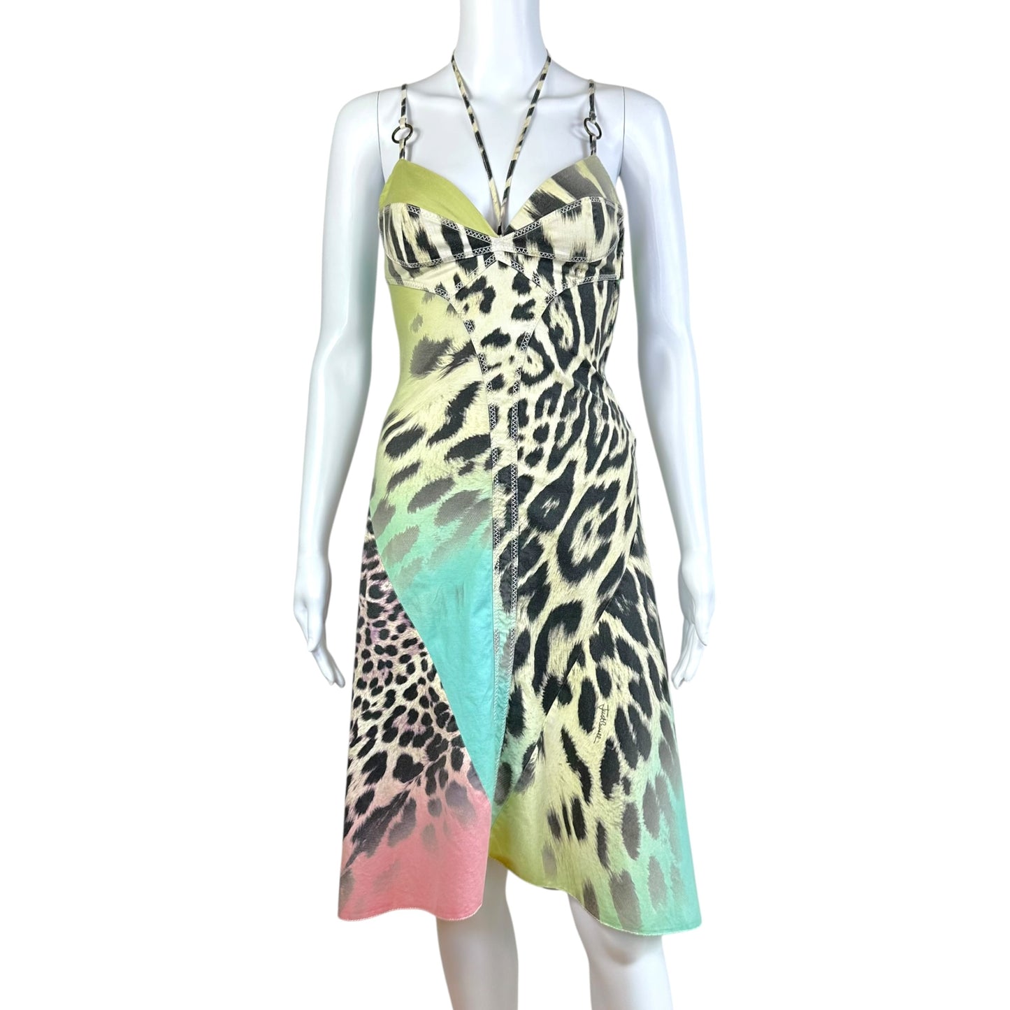 Roberto Cavalli Multicolor Leopard Halter Midi Dress