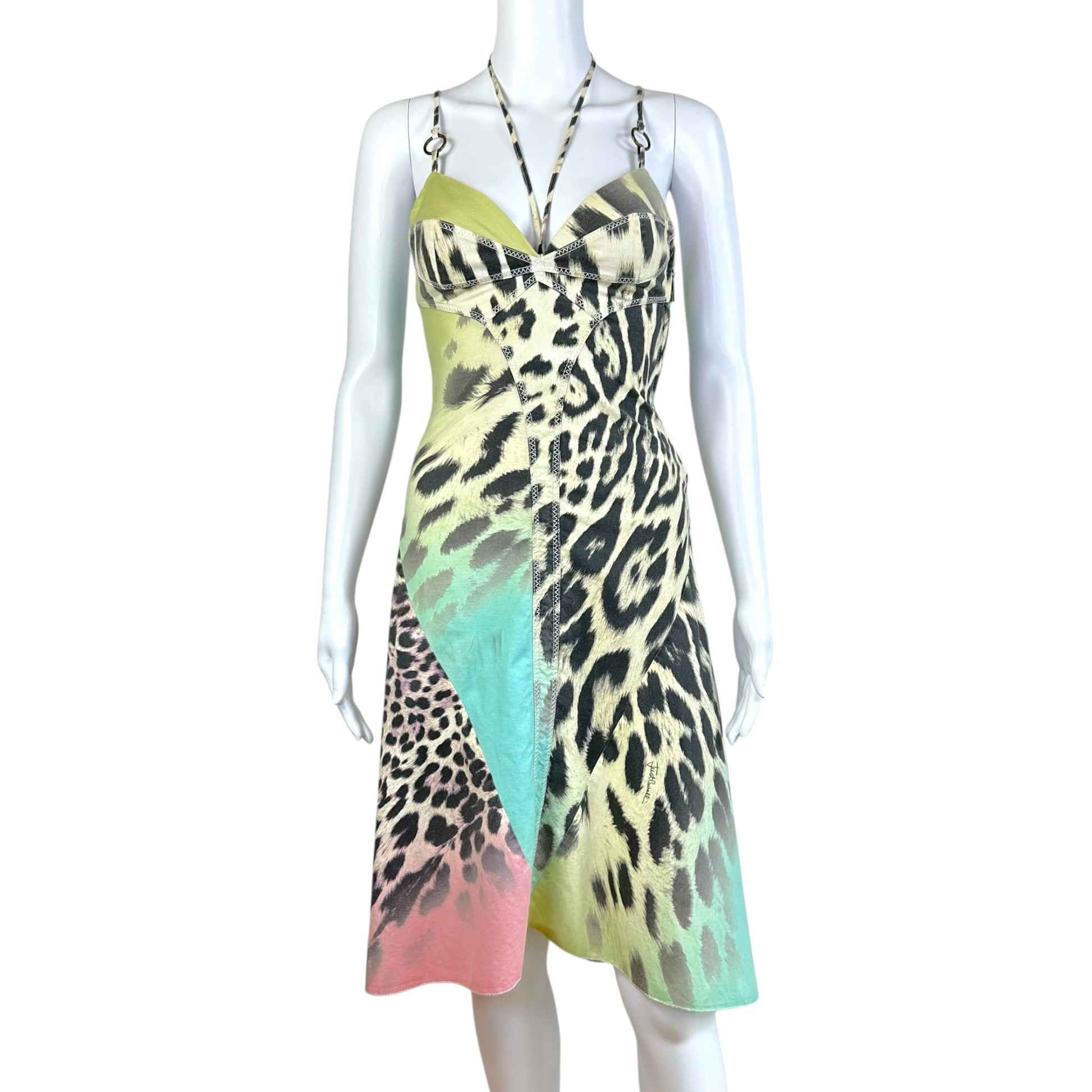 Roberto Cavalli Multicolor Leopard Halter Midi Dress