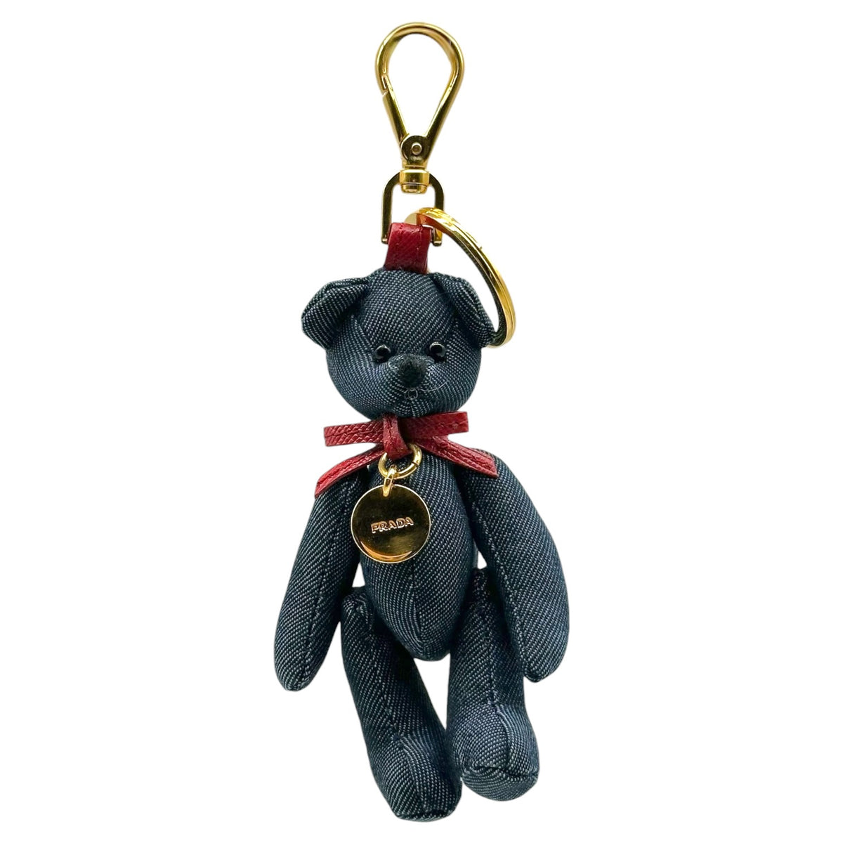 Prada Teddy Bear Bag Charm Keychain Denim Red Leather