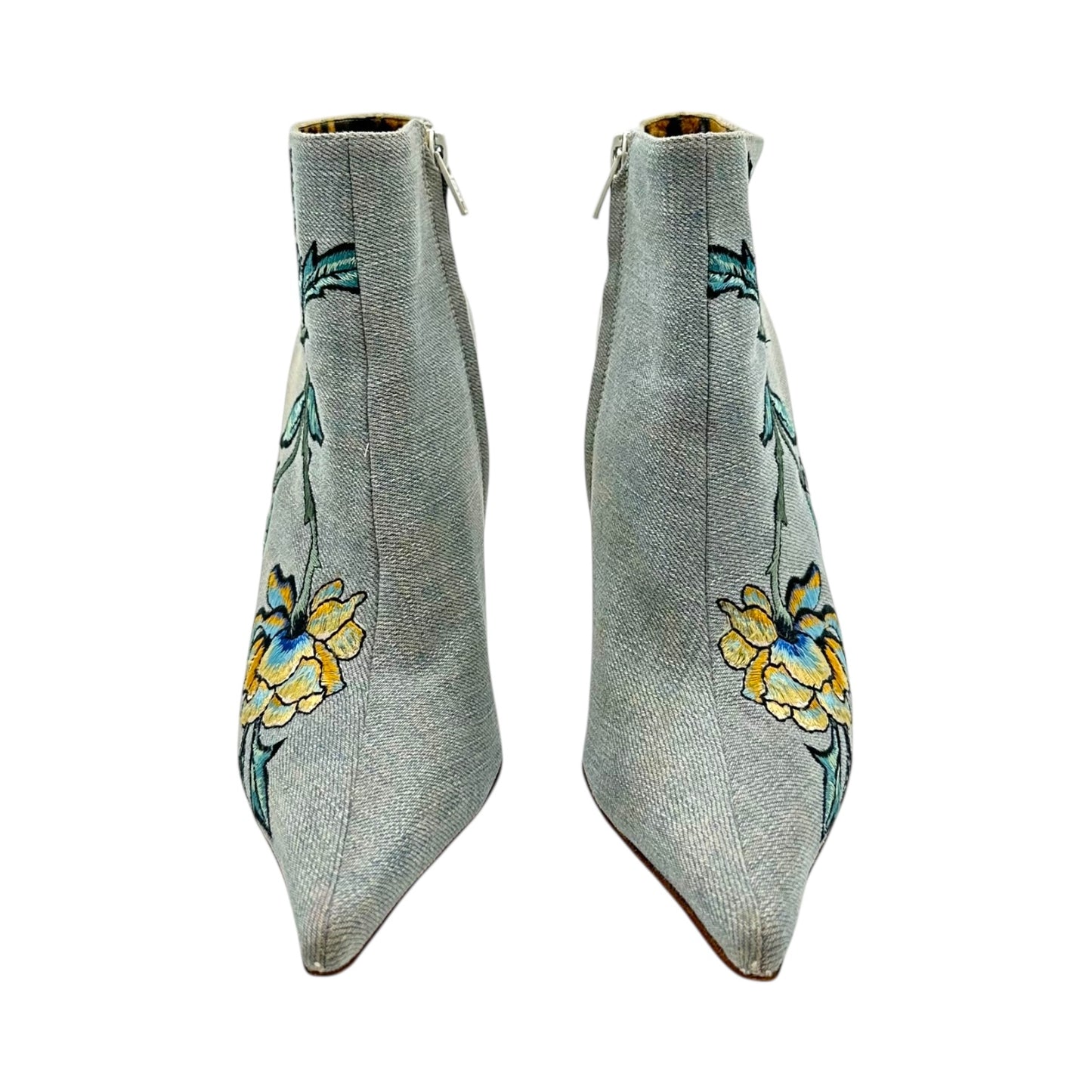 Roberto Cavalli Denim Floral Embroidered Heeled Booties - Outfit Repeater