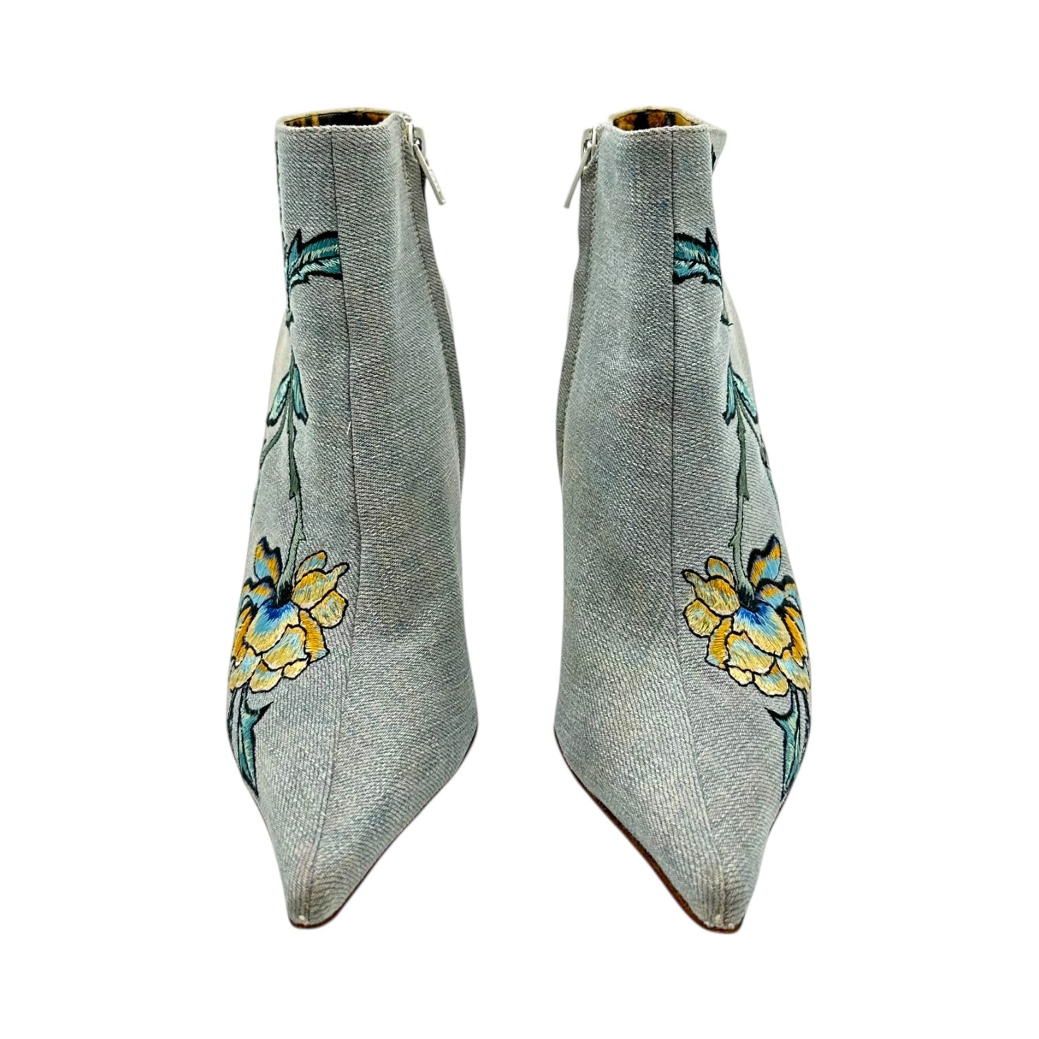 Roberto Cavalli Denim Floral Embroidered Heeled Booties - Outfit Repeater