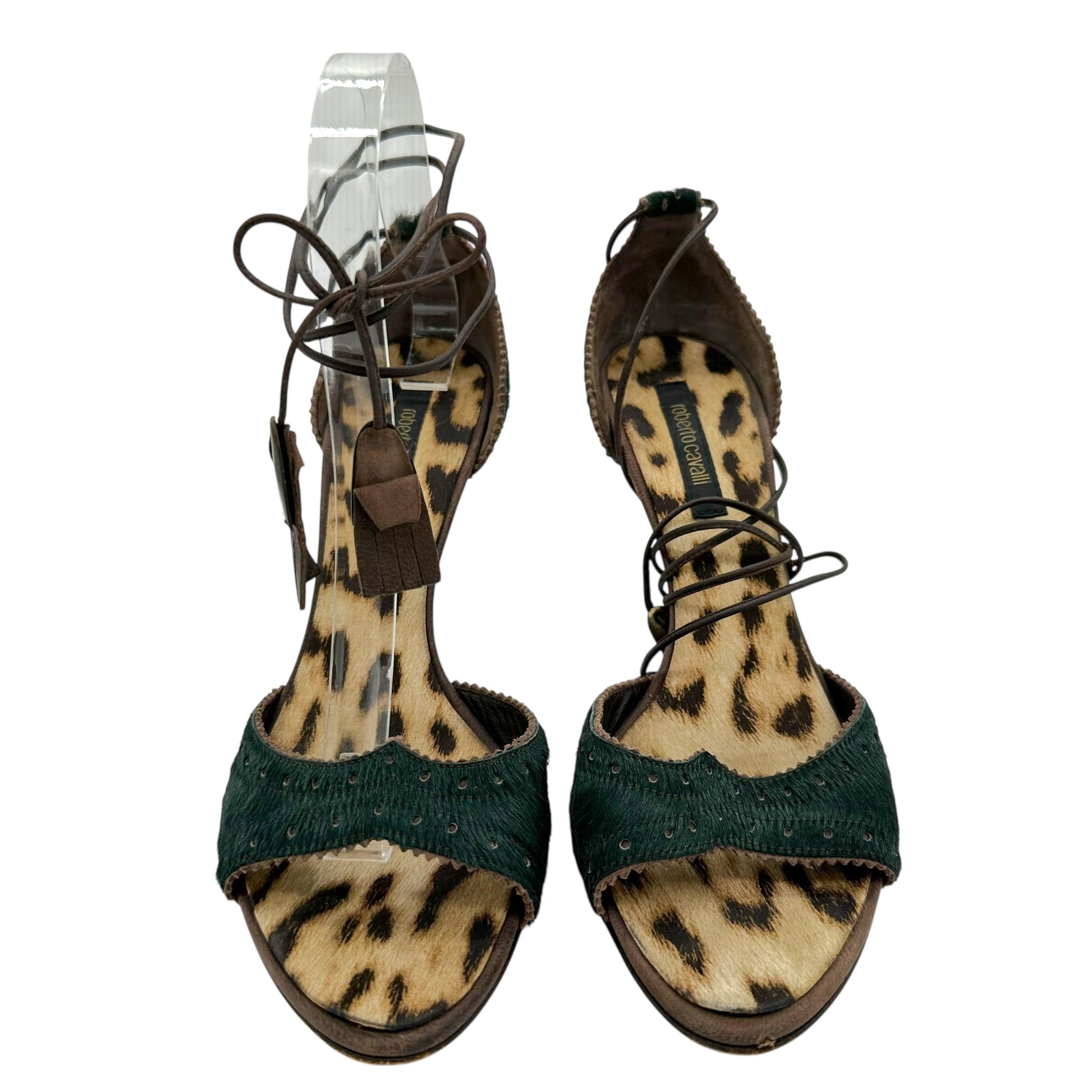 Roberto Cavalli Dark Green Ponyhair Wrap Heels - Outfit Repeater