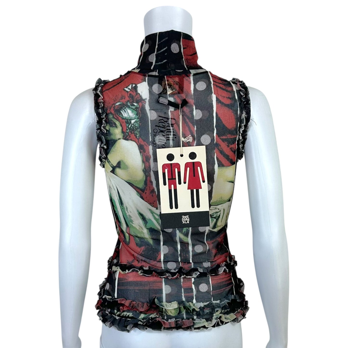 Jean Paul Gaultier Polka Dot Figure Print Sleeveless Turtleneck Mesh Tank