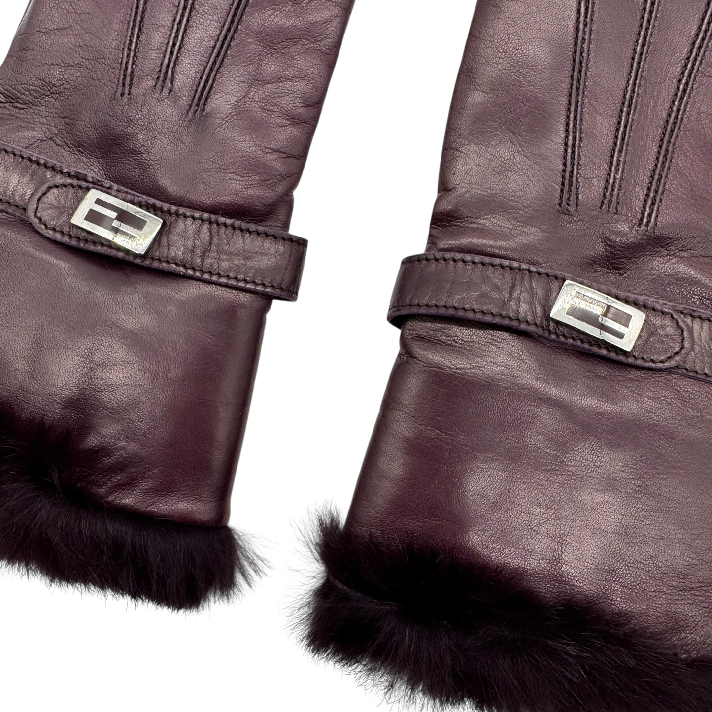 Fendi Burgundy Leather Fur Trim Gloves