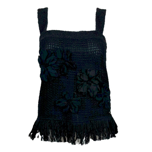 Chanel Navy Knit Fring & Floral Applique Tank - Outfit Repeater