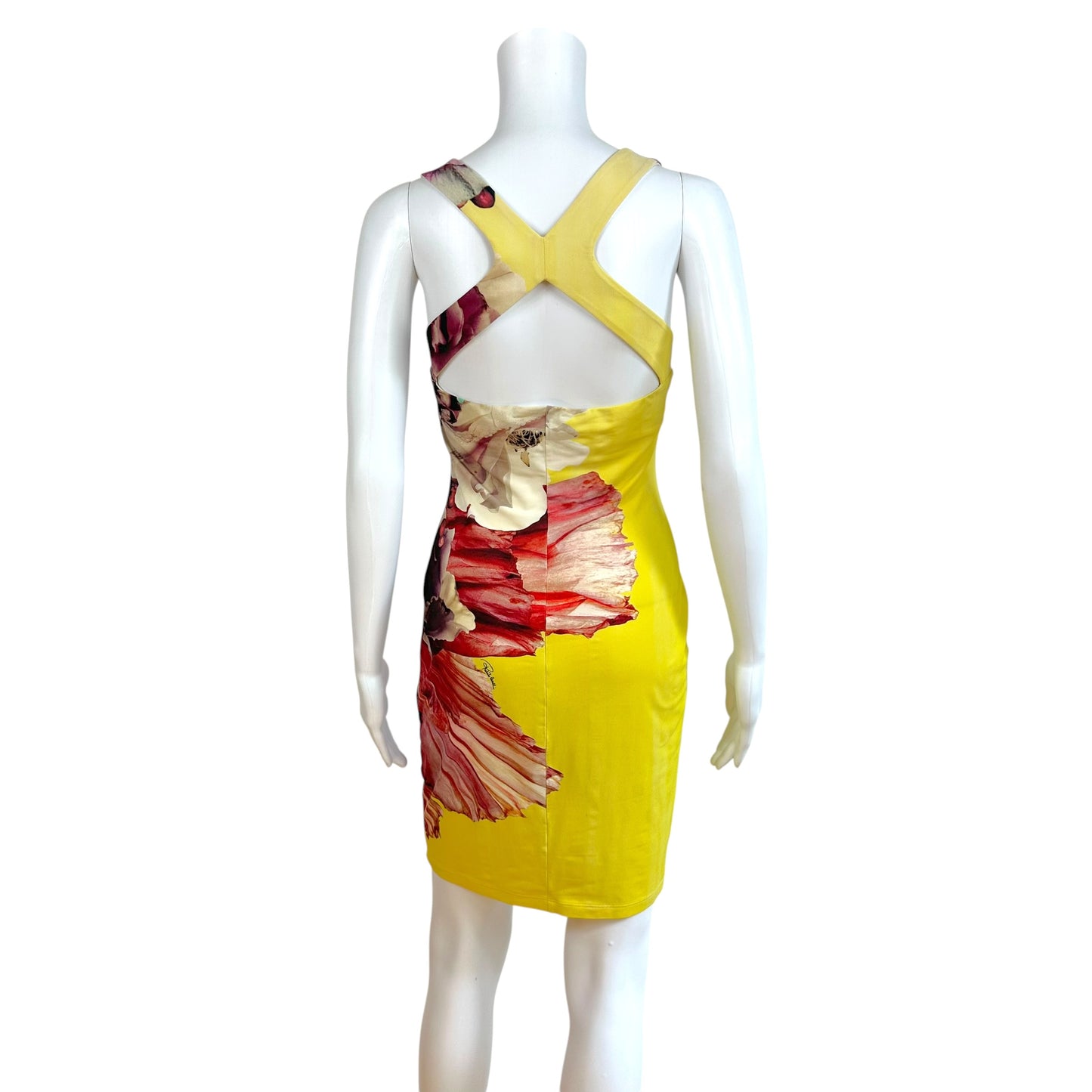 Roberto Cavalli Bright Yellow & Purple Floral Print Cross-Back Mini Dress