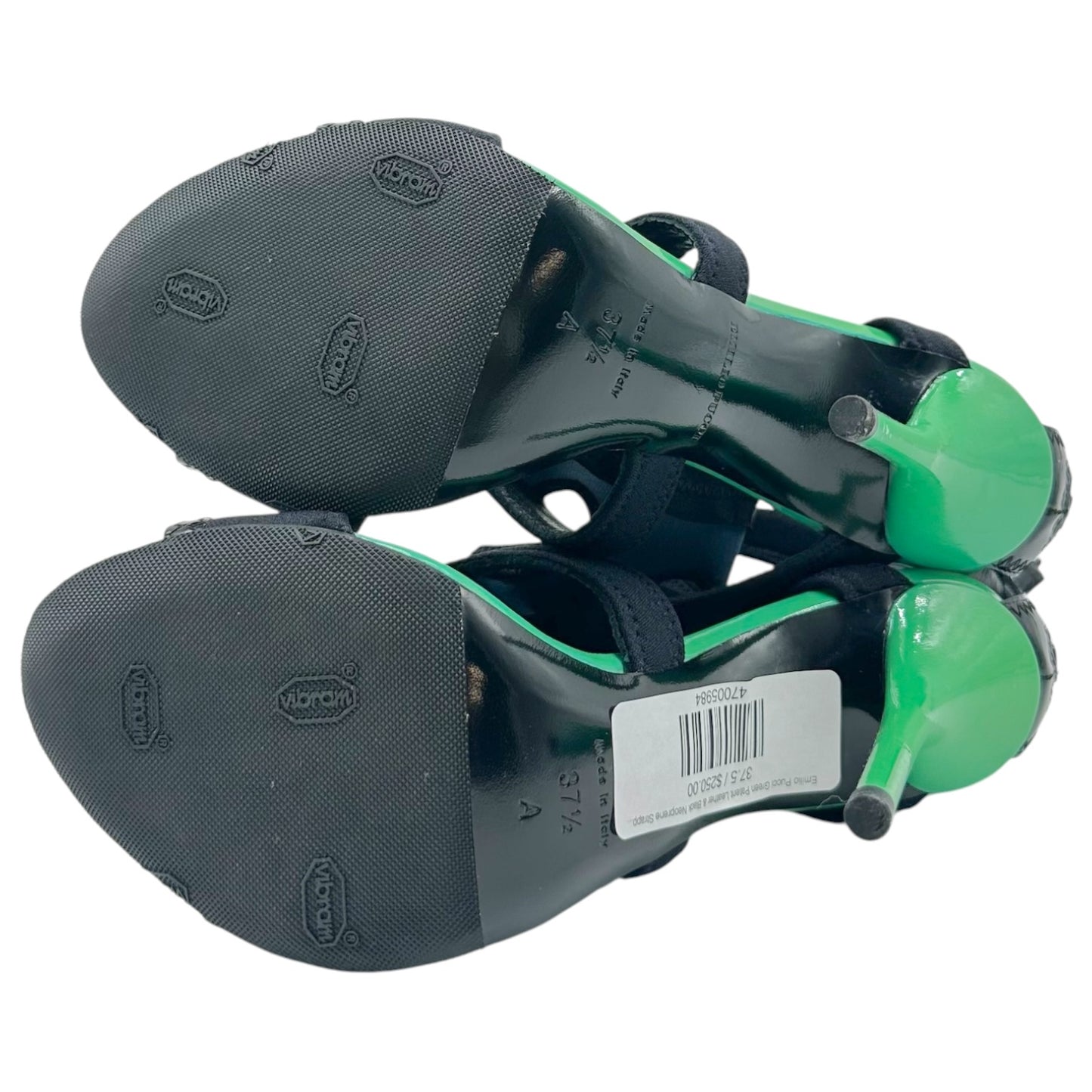 Emilio Pucci Green Patent Leather & Black Neoprene Strappy Stiletto Sandals