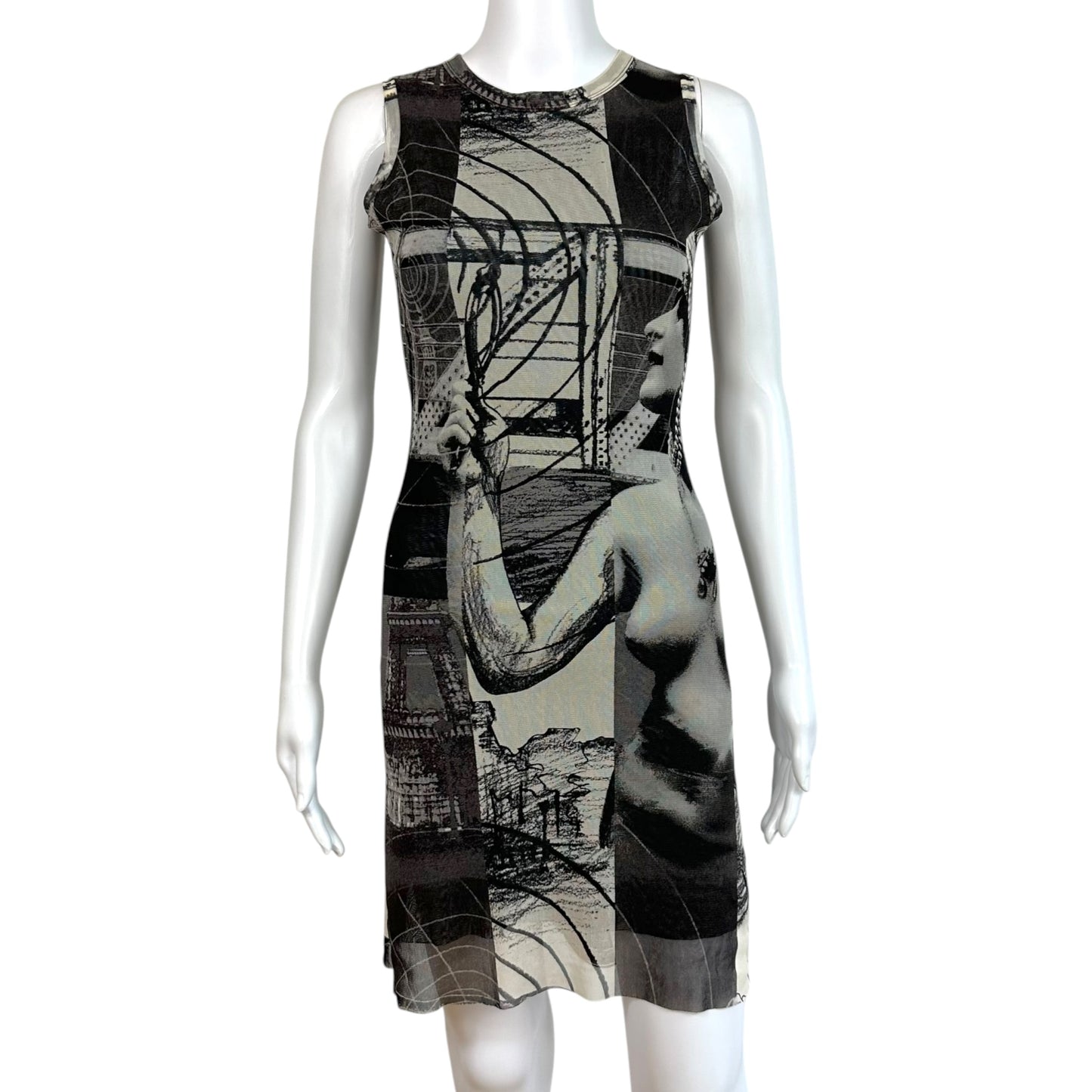 Jean Paul Gaultier Black & White Statue Print Fringe-Back Mesh Midi Dress