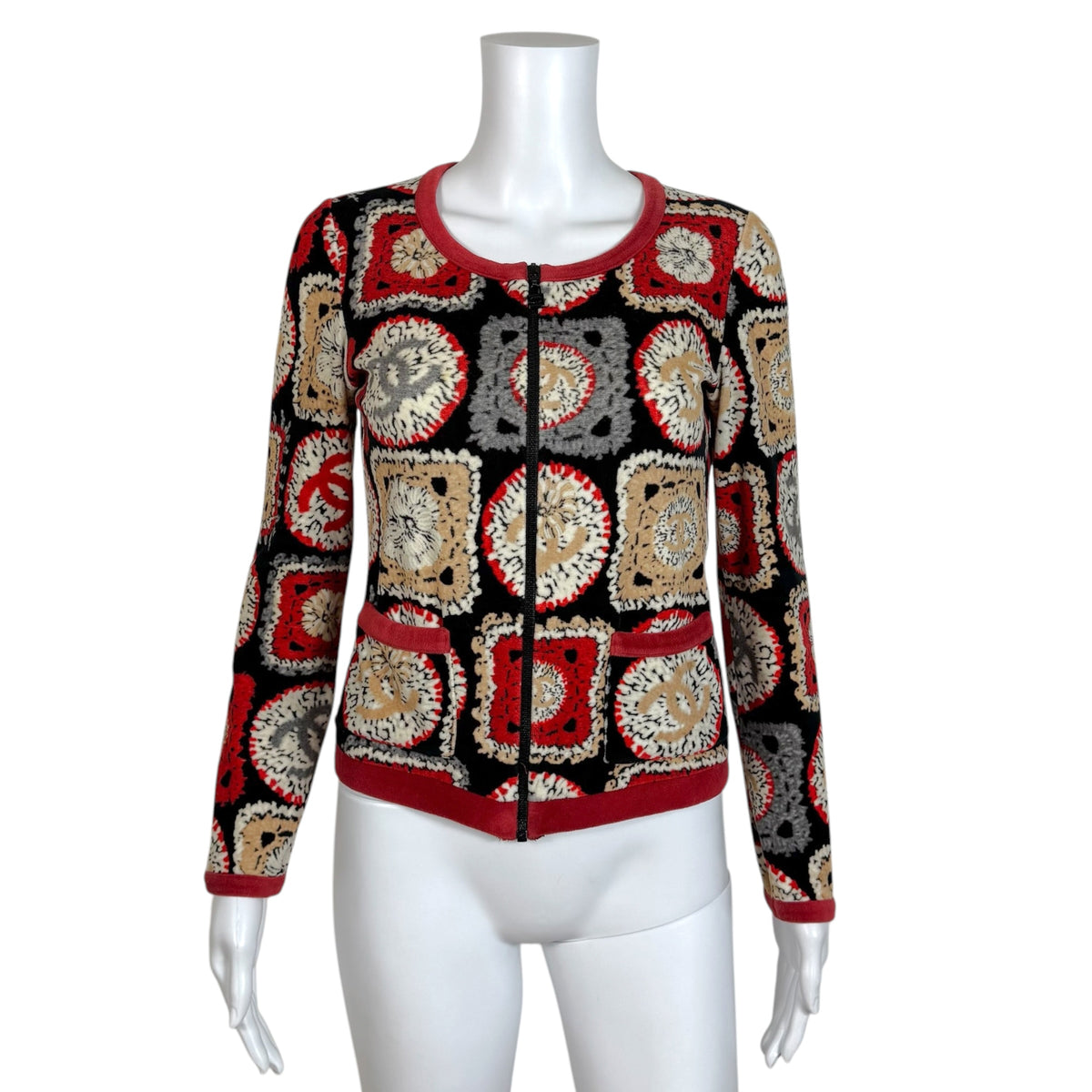 Chanel Spring 2009 Velour Crochet Square Logo Print Velour Zip-Up Top