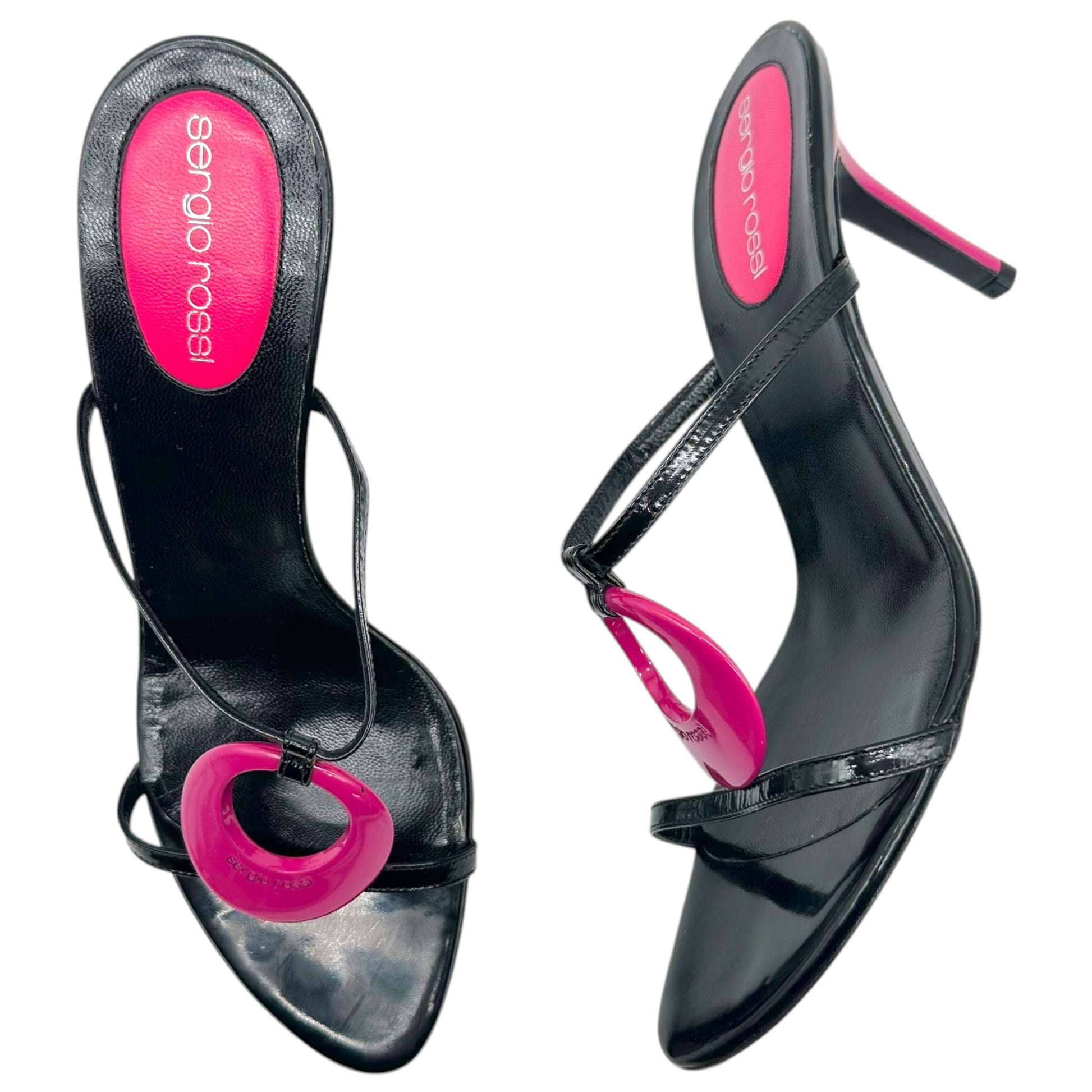 Sergio Rossi Black Patent Leather Pink Logo Heeled Mules