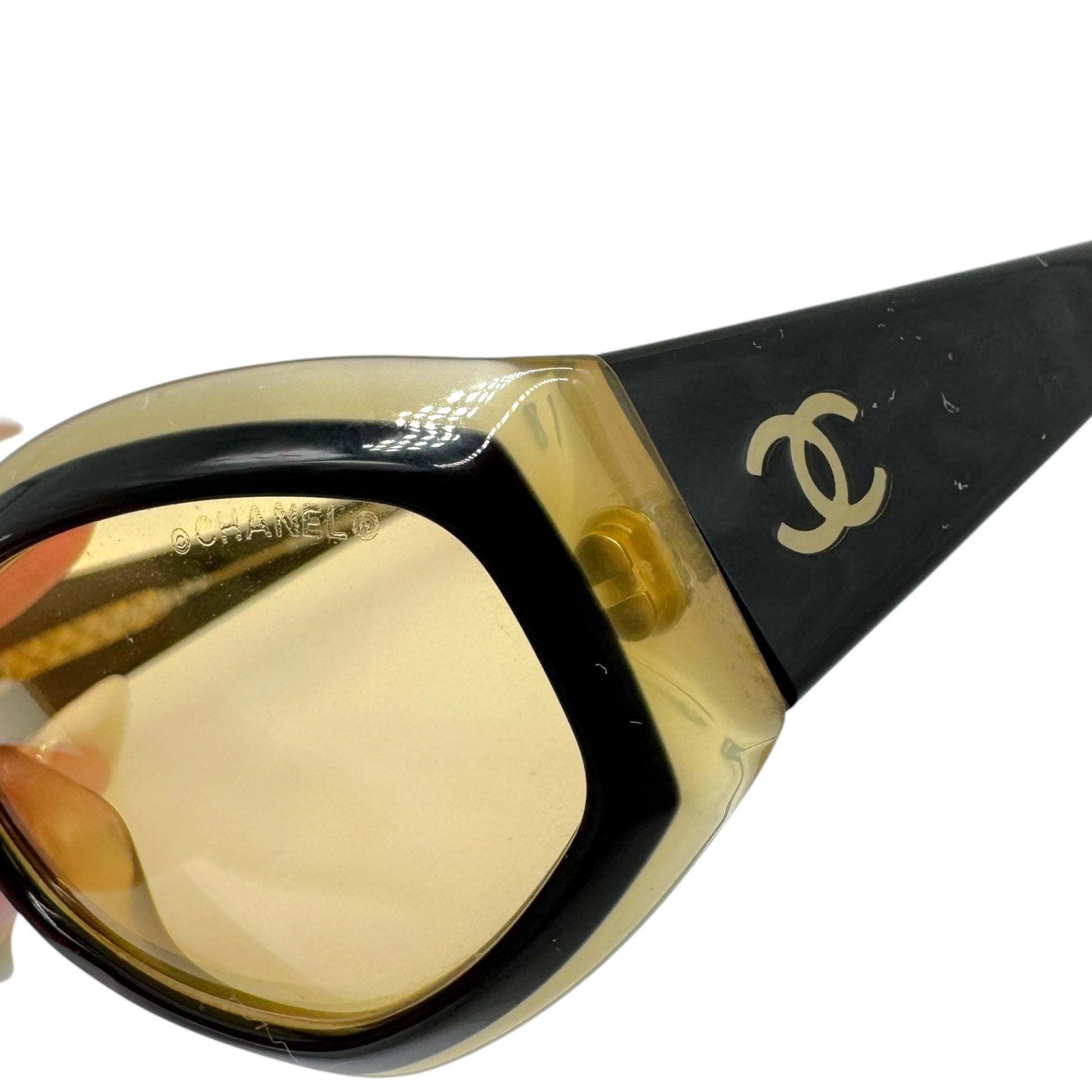 Chanel Oval Sunglasses Black Yellow Logo Arms