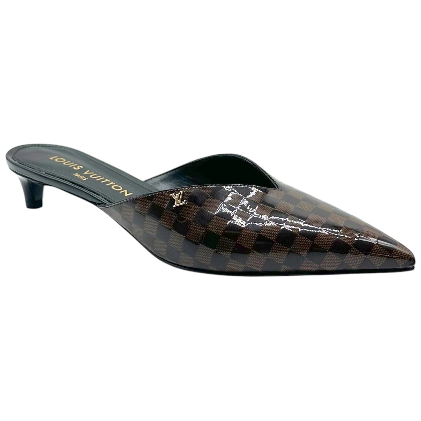 Louis Vuitton Damier Ebene Patent Pointed Toe Kitten Heel Mules