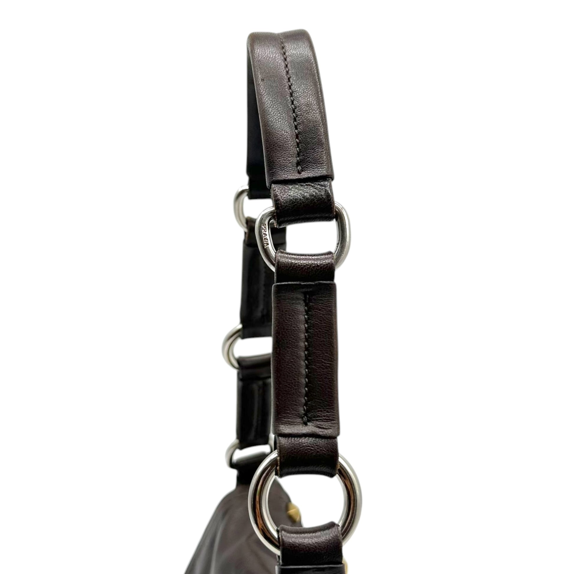 Prada Brown Leather Canvas Studded Shoulder Bag
