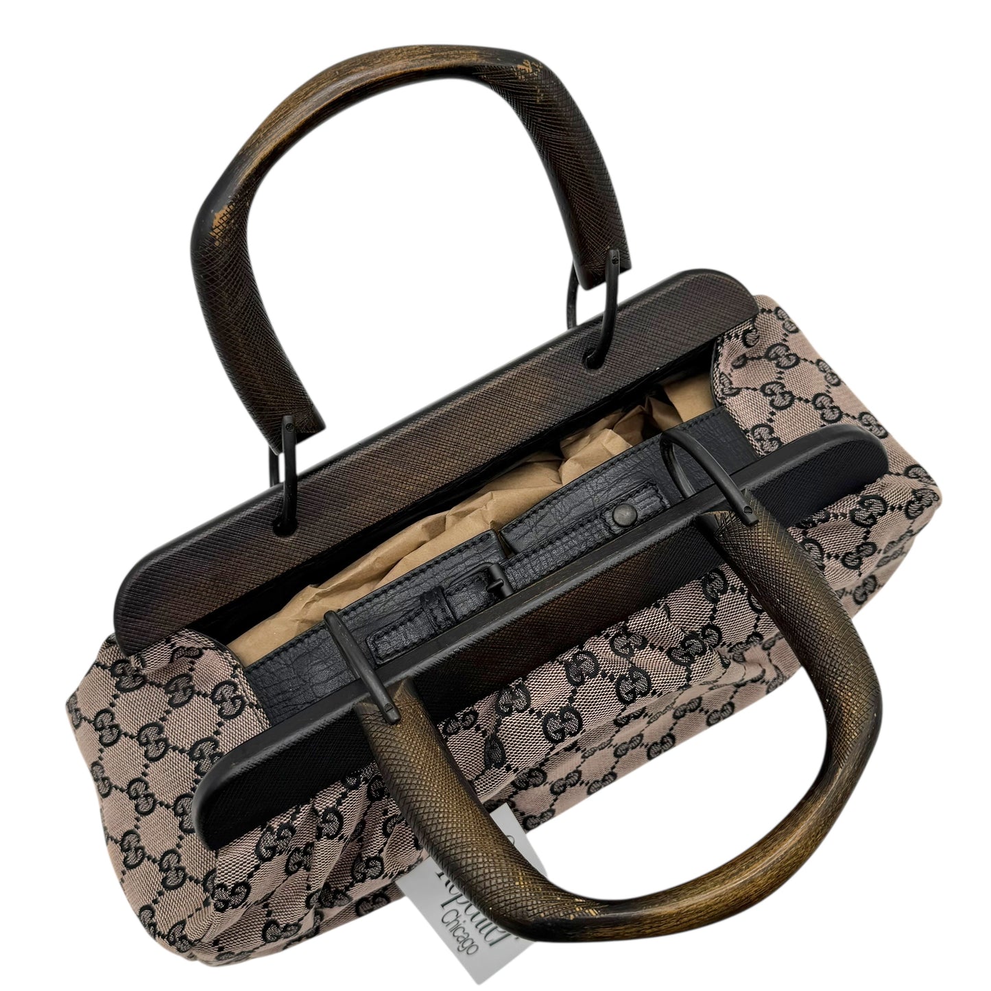 Gucci by Tom Ford Beige & Black Monogram Wooden Handle Bag - Outfit Repeater