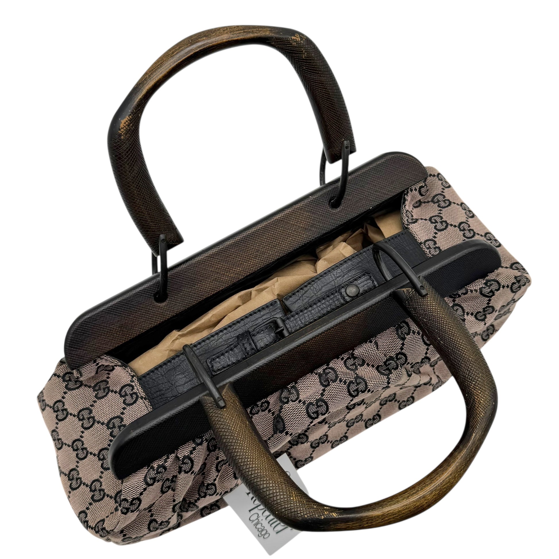 Gucci by Tom Ford Beige & Black Monogram Wooden Handle Bag - Outfit Repeater