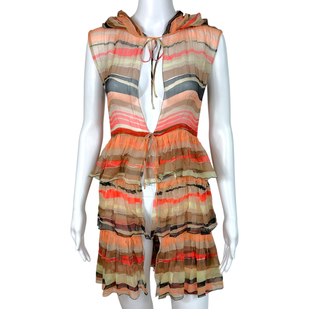 Chanel Spring 2001 Coral Striped Tiered Silk Hooded Mid-Length Vest Top