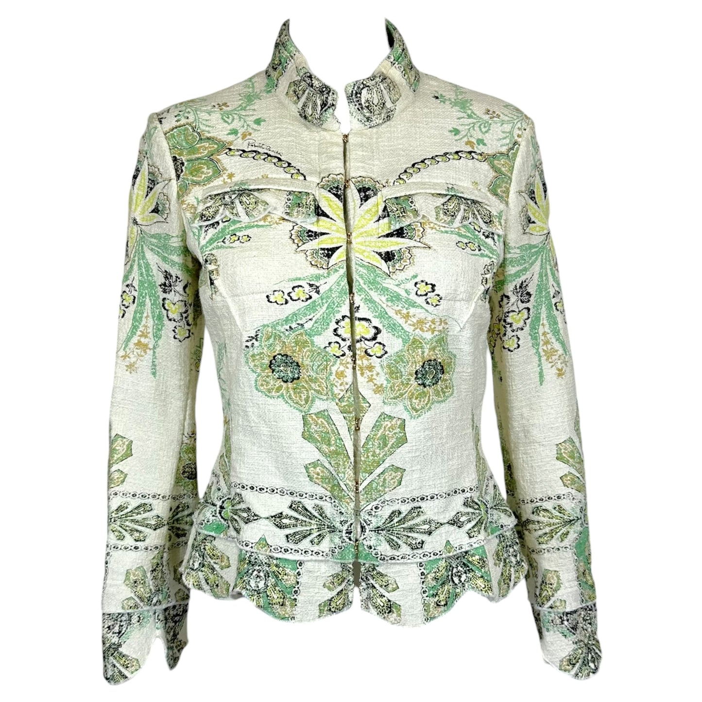 Roberto Cavalli 2007 White & Green Metallic Floral Print Bustier Jacket
