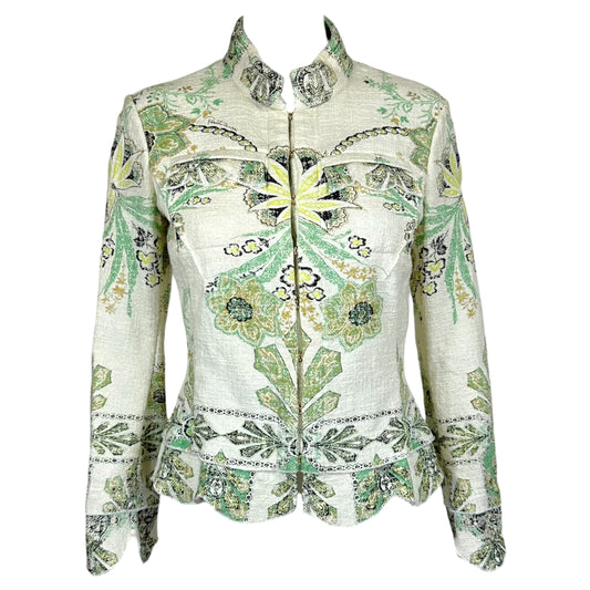 Roberto Cavalli 2007 White & Green Metallic Floral Print Bustier Jacket