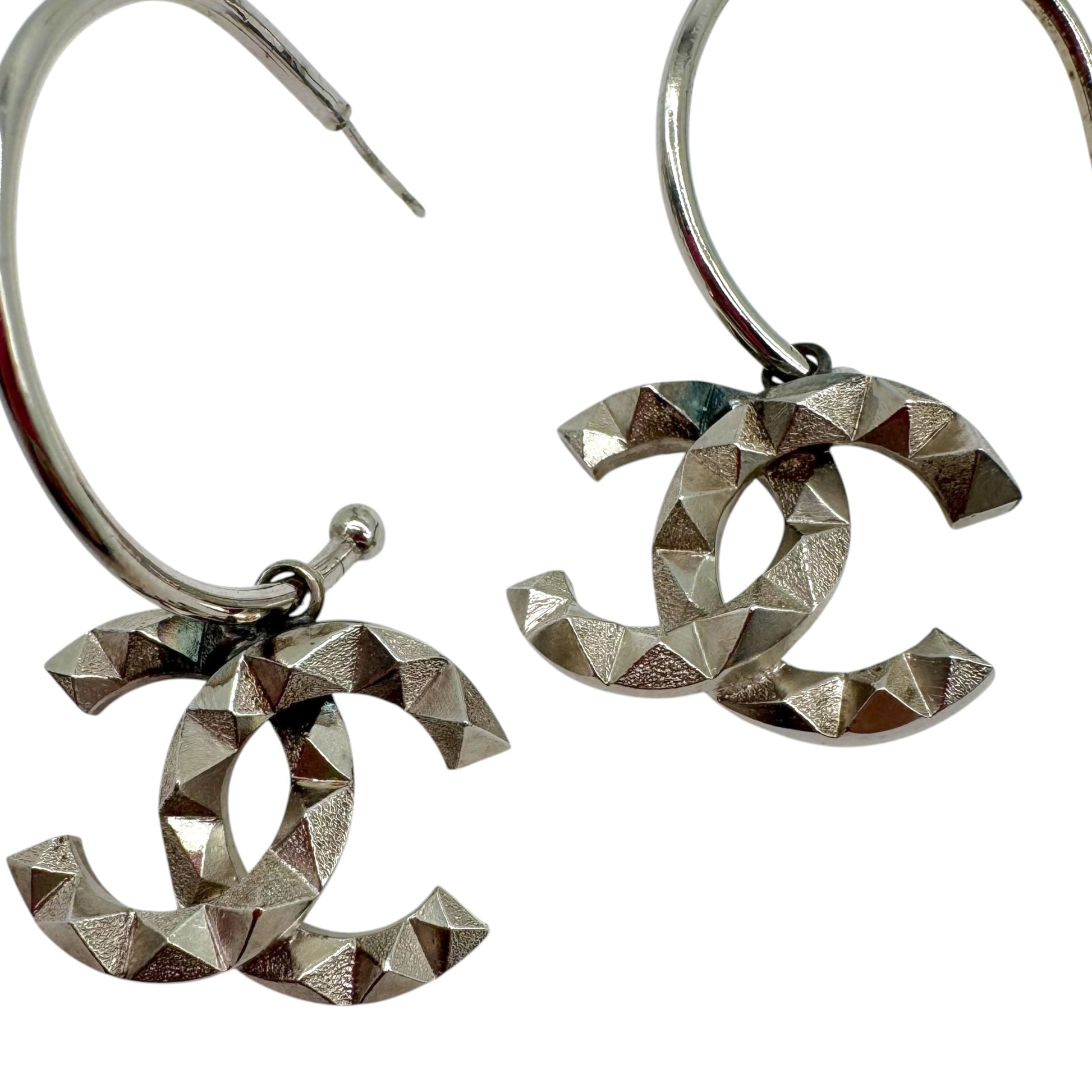 Chanel Silver Pyramid Stud CC Logo Hoop Earrings