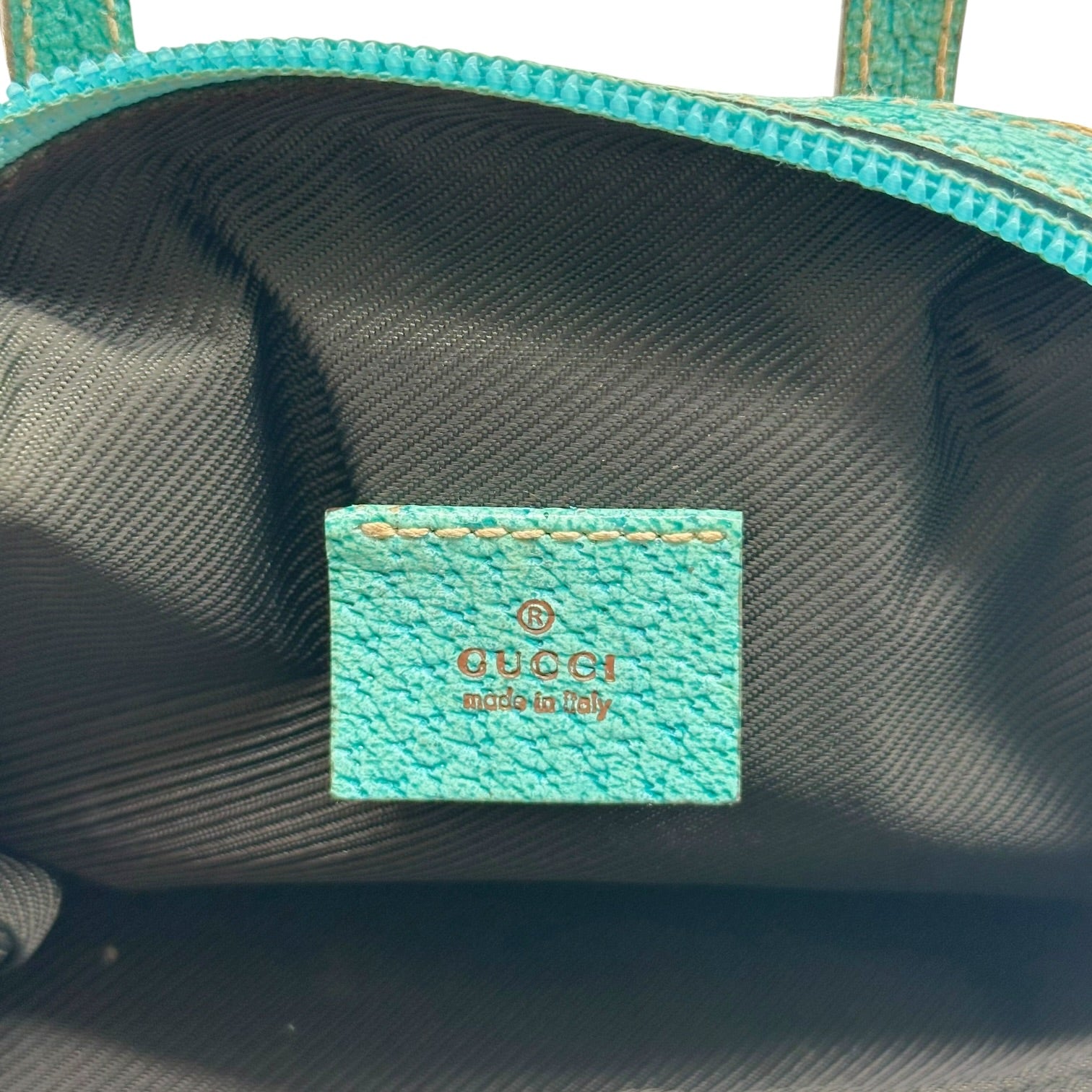 Gucci Mini Pochette Bag Tan Monogram Turquoise Leather