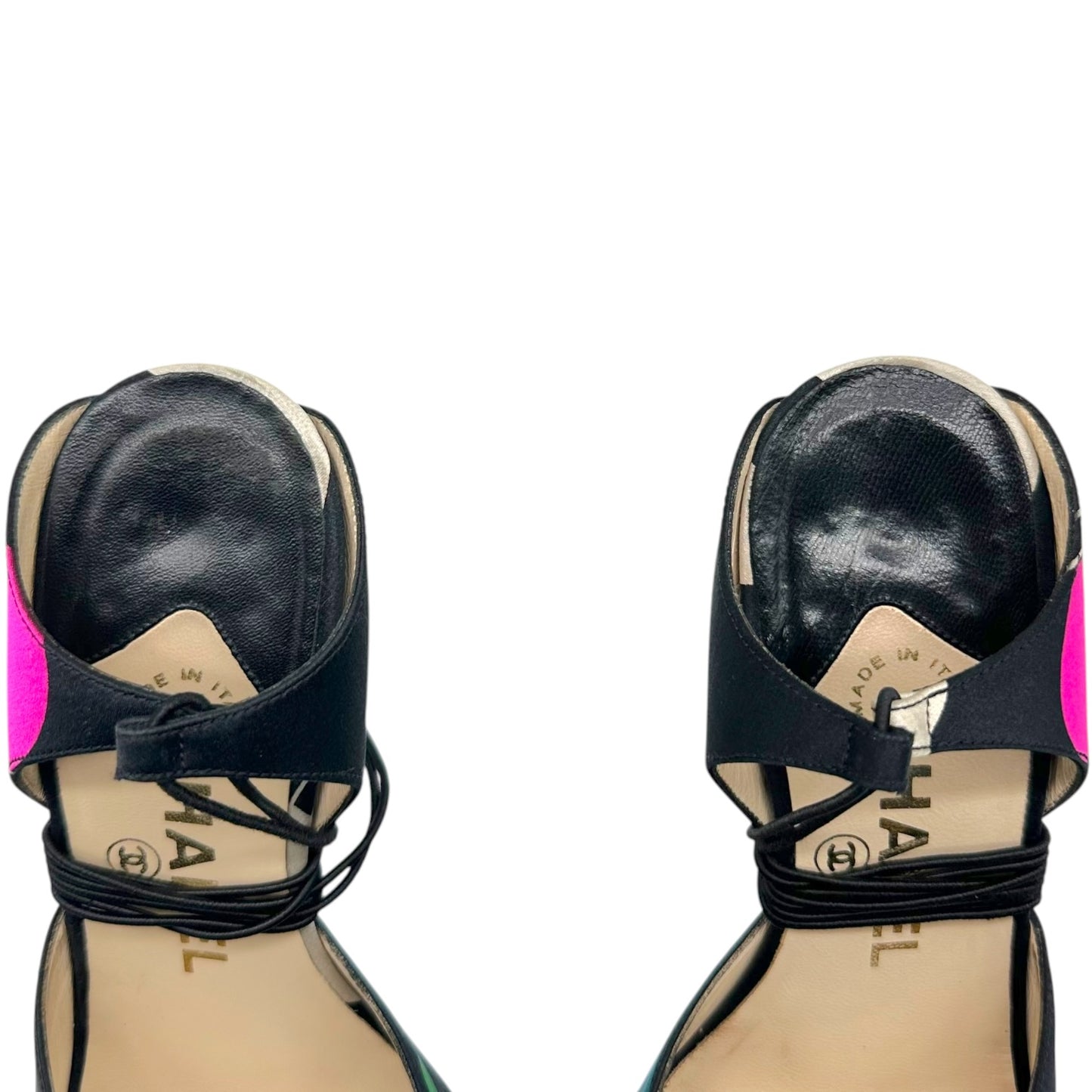 Chanel Multicolor Printed Silk Wrap Sandal Heels