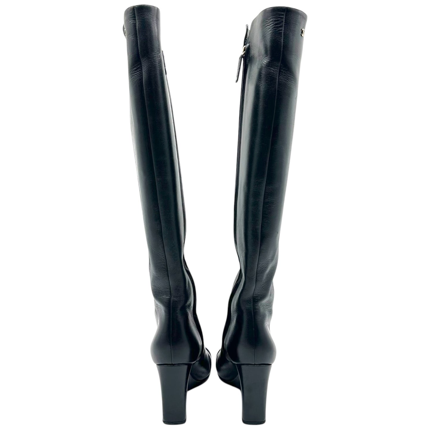 Chanel Black Leather Suede Knee High Wedge Boots