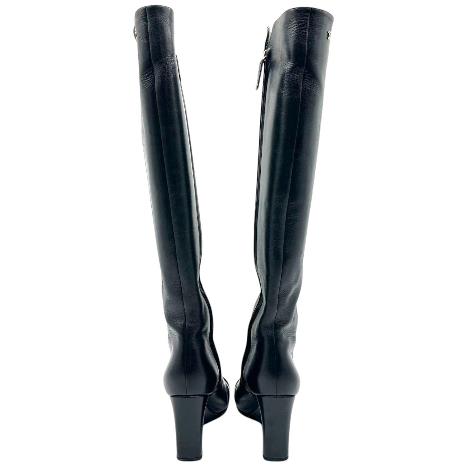 Chanel Black Leather Suede Knee High Wedge Boots