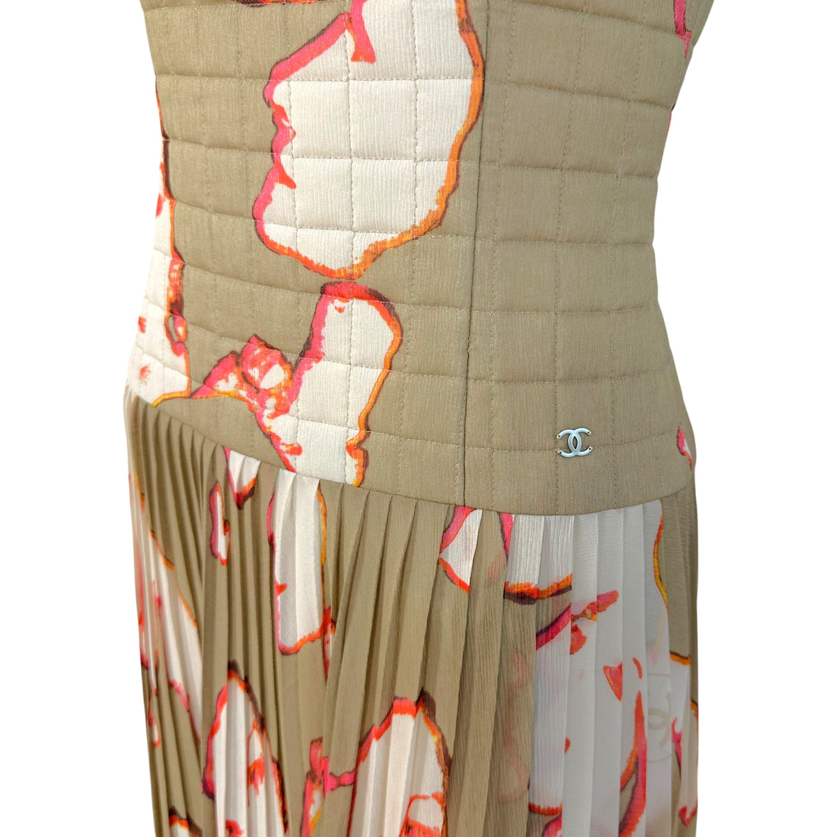 Chanel Silk Pleated Maxi Dress Taupe Face Print
