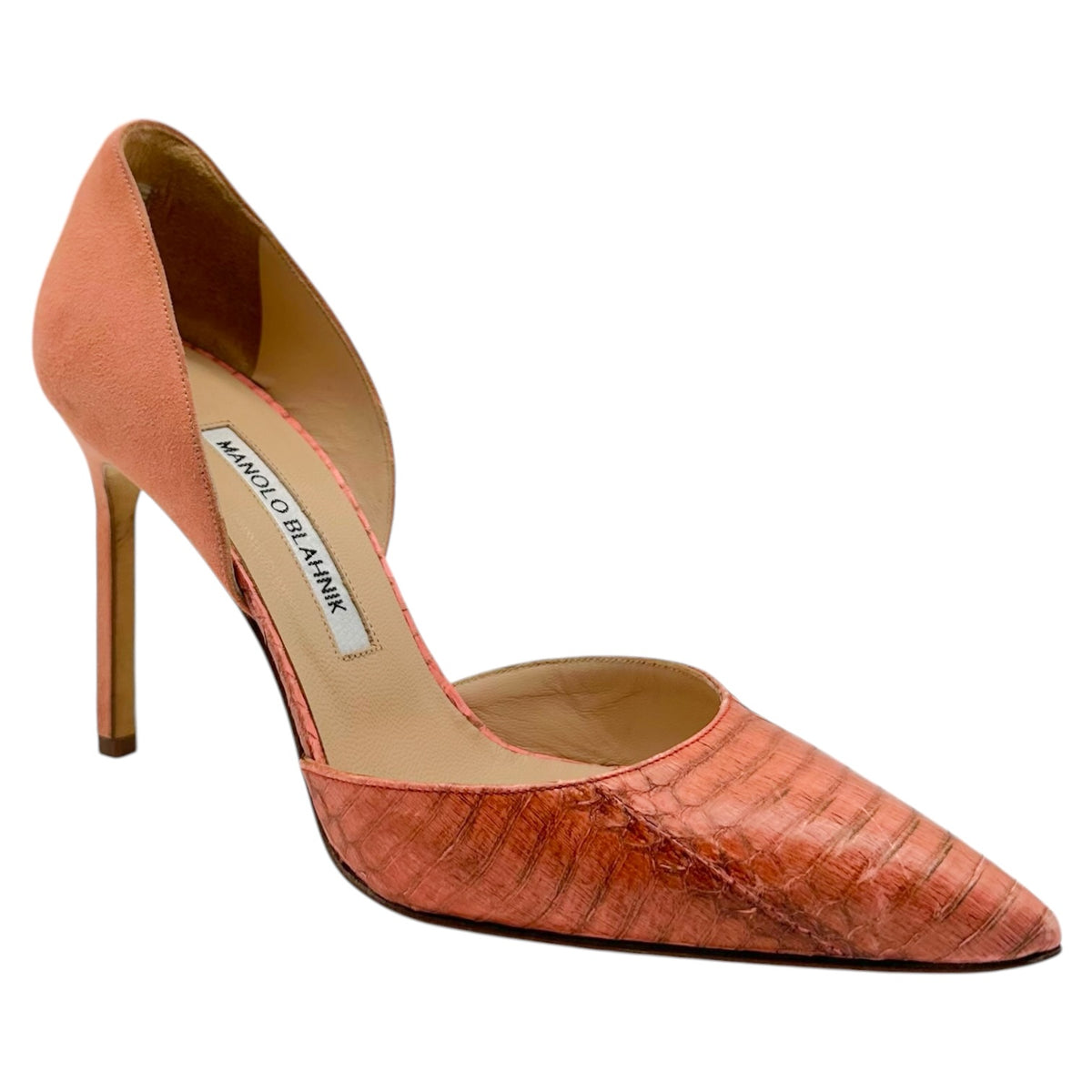 Manolo Blahnik Salmon Pink Suede & Snakeskin D'Orsay Pointed Toe Pumps