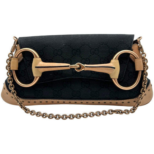 Gucci Black Monogram Canvas & Tan Leather Trim Horsebit Clutch RARE