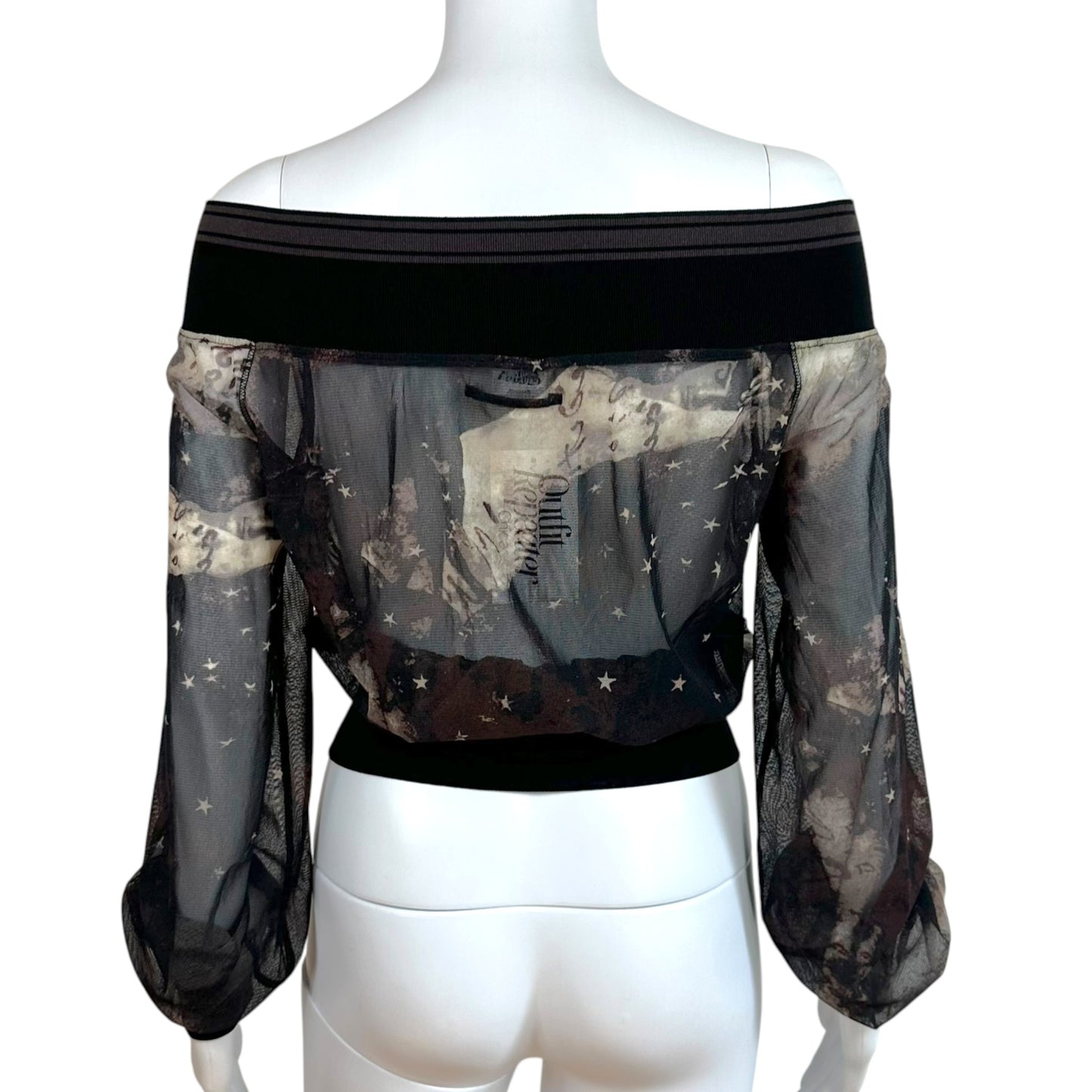Jean Paul Gaultier Off Shoulder Black & Gray Star Print Mesh Zip-Up Top