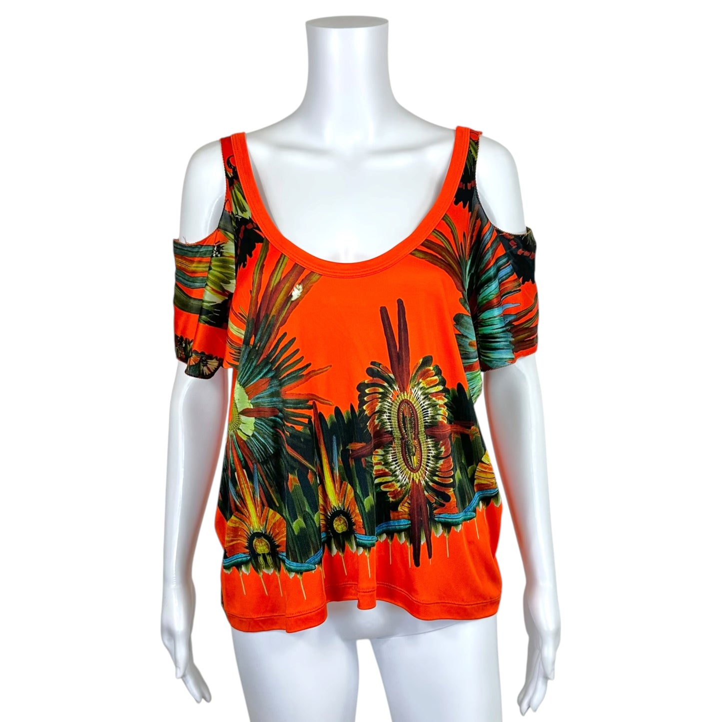 Jean Paul Gaultier Soleil Bright Orange Palm Print Cold Shoulder Top