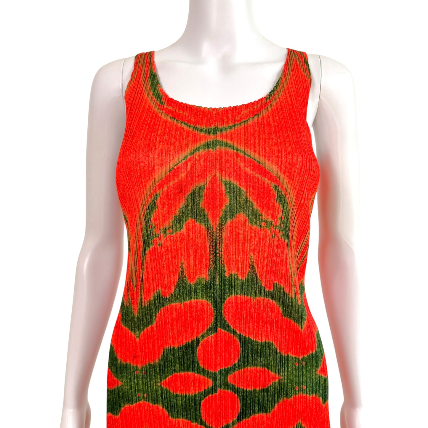 Issey Miyake Pleats Please Red & Green Patterned Pleated Maxi Dress Sz 3