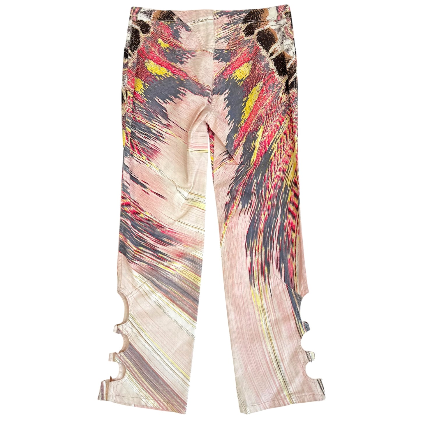 Roberto Cavalli 2003 Pink Multi Feather Print Lace Up Silk Tank & Capri Pants Set